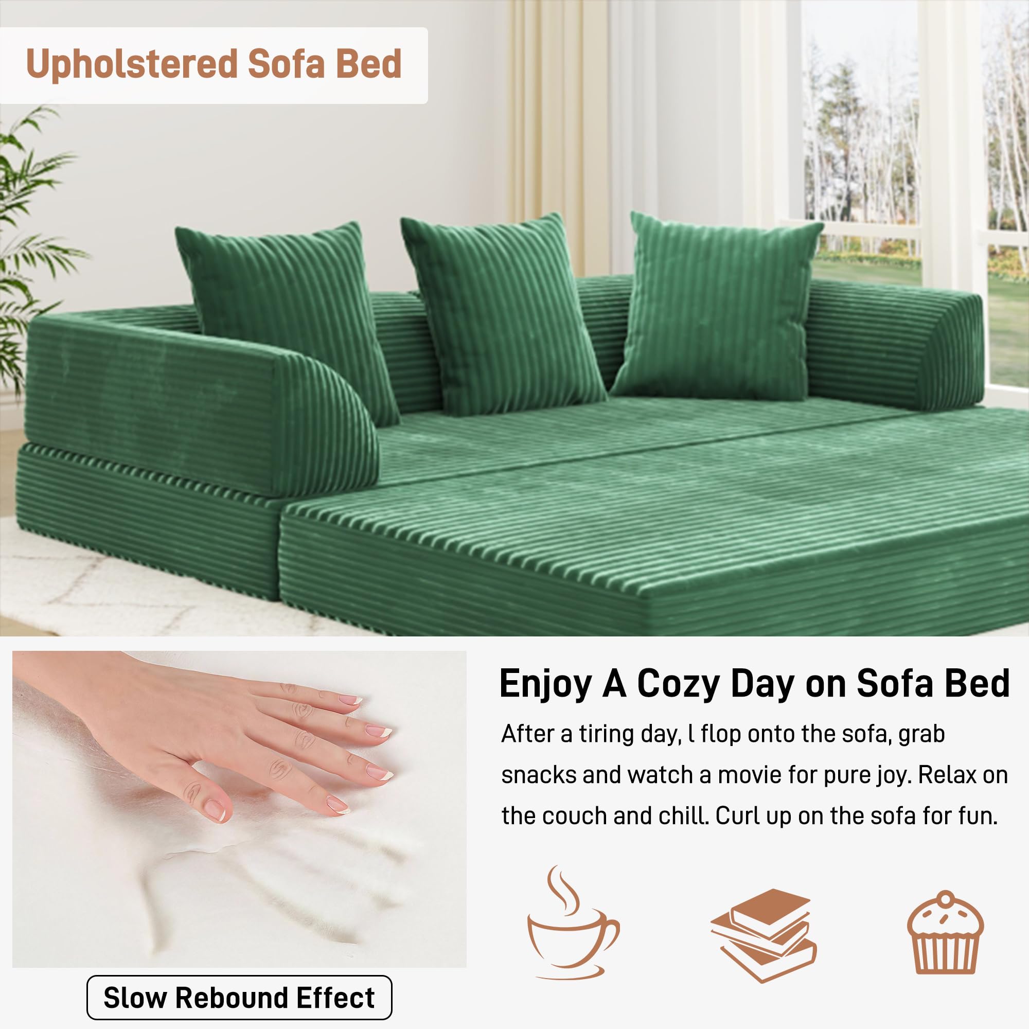 Blotout 5-in-1 Folding Convertible Sofa Bed with 3 Pillows, 79" Large Corduroy Boneless Couch with Armrest Pockets, Lounge Loveseat Sleeper with Pull Out Bed for Living Room Bedroom, Beige