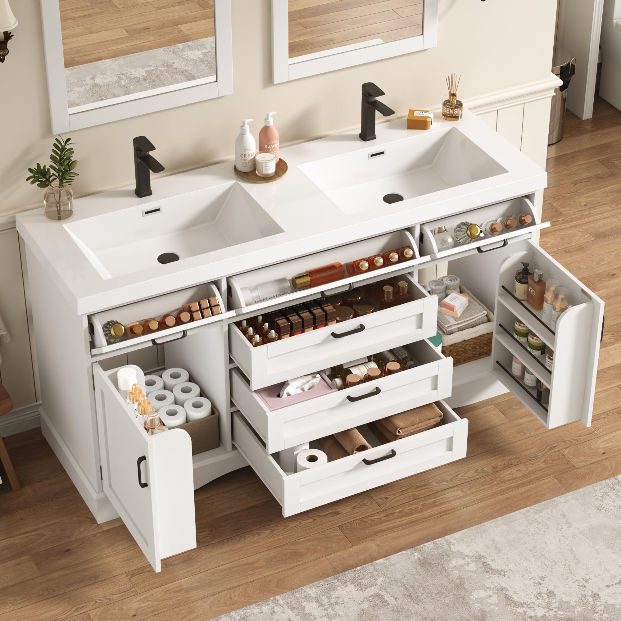  59" Modern Double Bathroom Vanity with Sink Combo, Bathroom Storage Cabinet with 2 Storage Doors and 6 Drawers