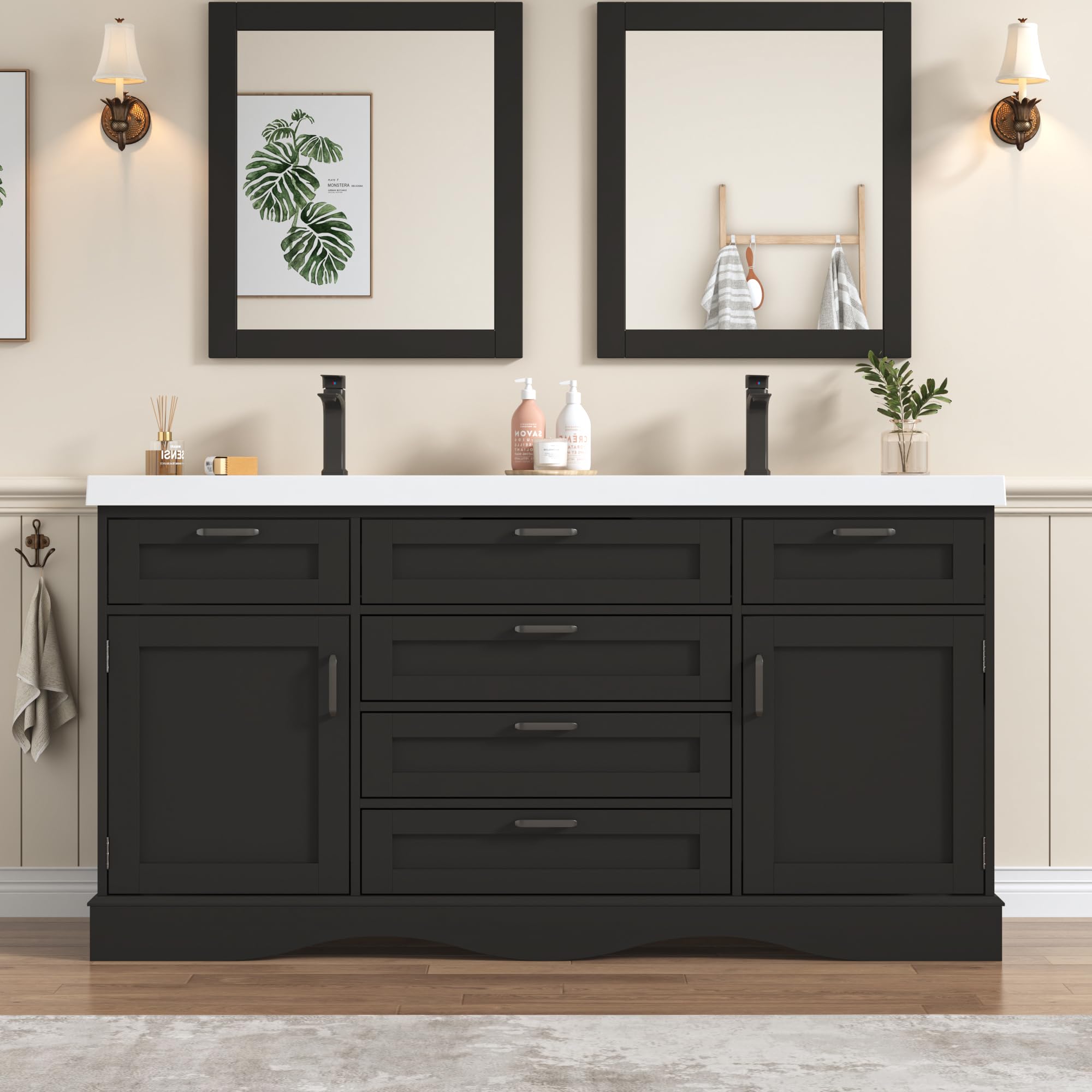 59" Modern Double Bathroom Vanity with Sink Combo, Bathroom Storage Cabinet with 2 Storage Doors and 6 Drawers