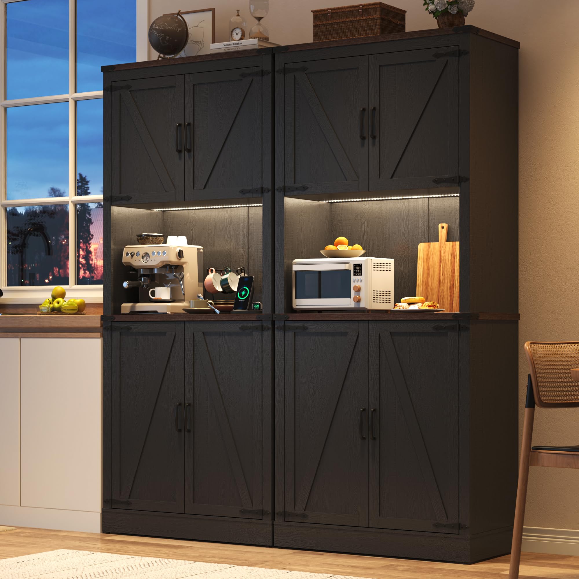 72" Tall Farmhouse Kitchen Pantry Cabinet with 10 Side Shelves and LED Light & Power Outlet, 5 Layers Pantry Storage Cabinet with Barn Doors&Load-Bearing Steel Pipe for Dining Room,Living Room