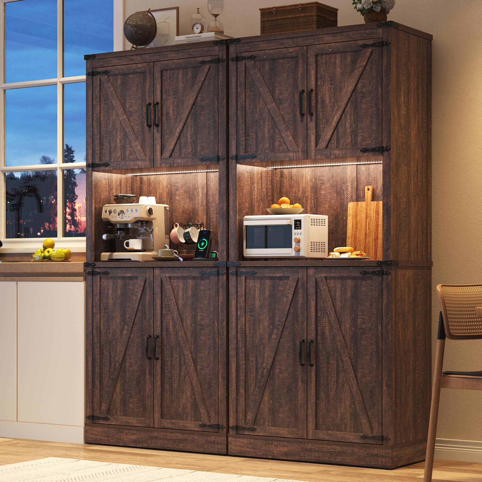 72" Tall Farmhouse Kitchen Pantry Cabinet with 10 Side Shelves and LED Light & Power Outlet, 5 Layers Pantry Storage Cabinet with Barn Doors&Load-Bearing Steel Pipe for Dining Room,Living Room
