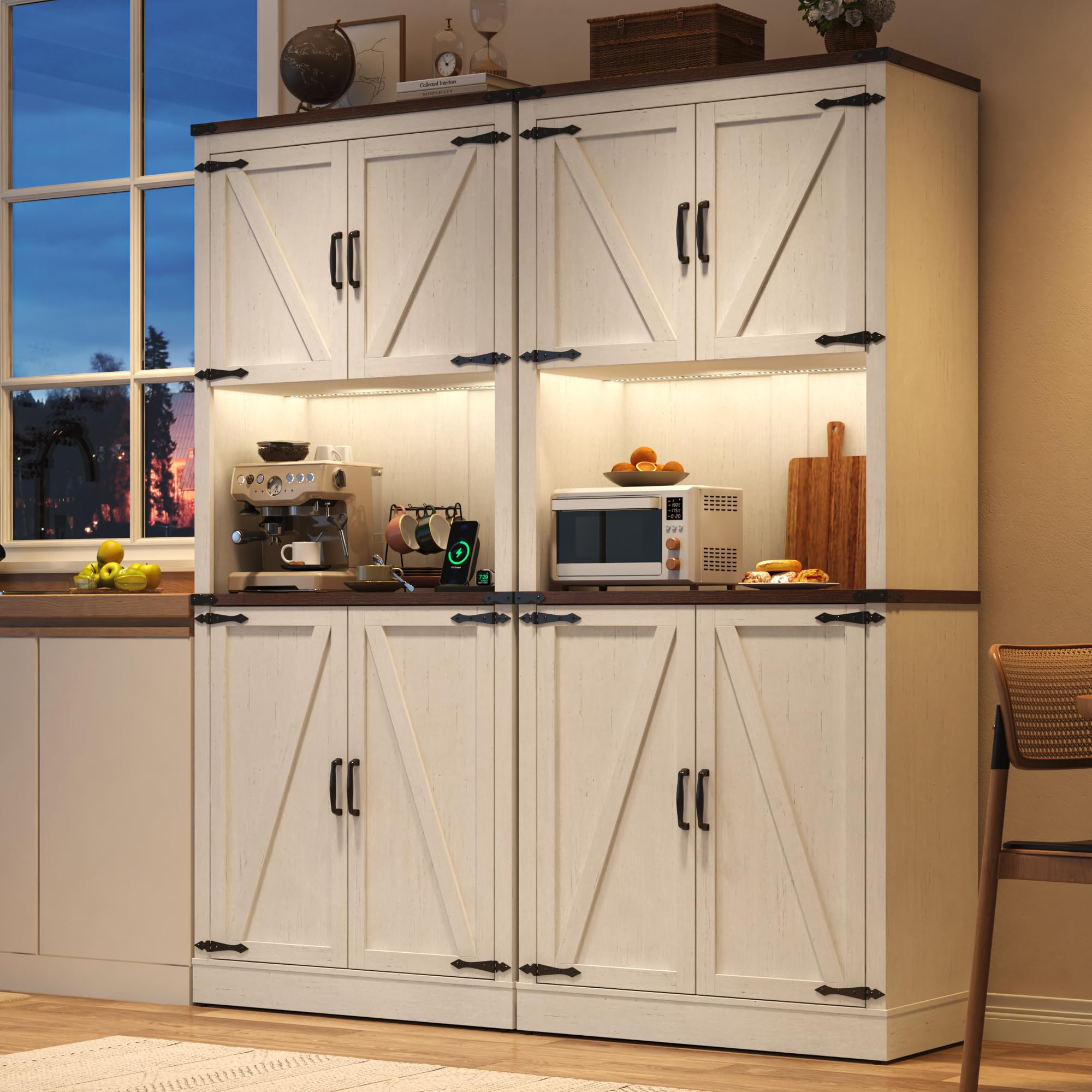 72" Tall Farmhouse Kitchen Pantry Cabinet with 10 Side Shelves and LED Light & Power Outlet, 5 Layers Pantry Storage Cabinet with Barn Doors&Load-Bearing Steel Pipe for Dining Room,Living Room