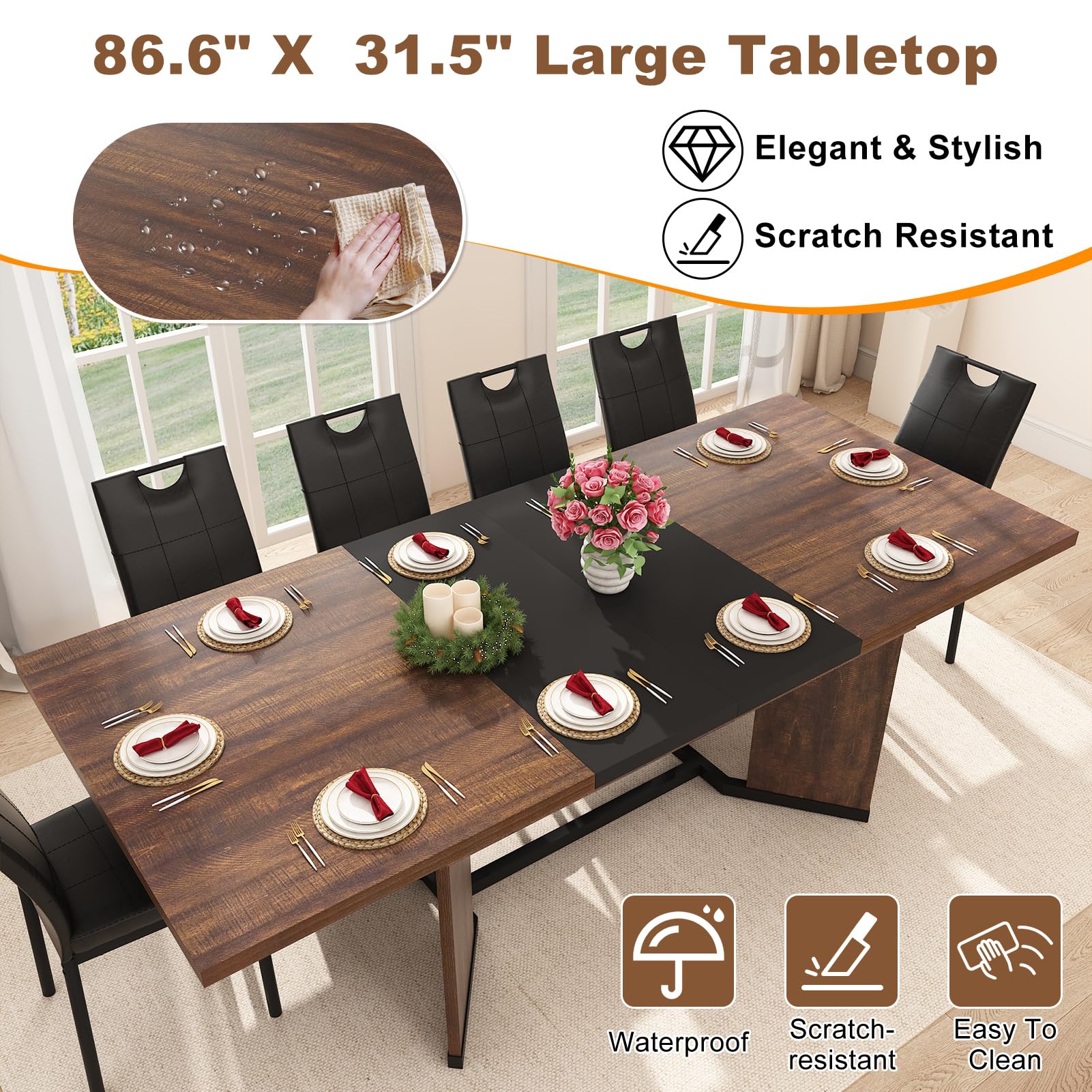 Blotout 59'' to 86.6" Extendable Dining Table Set with 6PCS Chairs, Modern Farmhouse Wooden Kitchen Table for 6-10 People, Rectangle Expandable Dining Room Table, Large Expanding Table