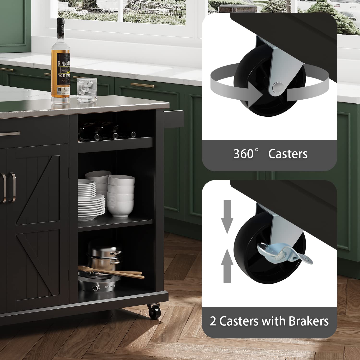 Kitchen Cart with Stainless Steel Top and Wine Rack, Rolling Kitchen Island on Wheels with Drawer & Open Shelves & Spice Rack