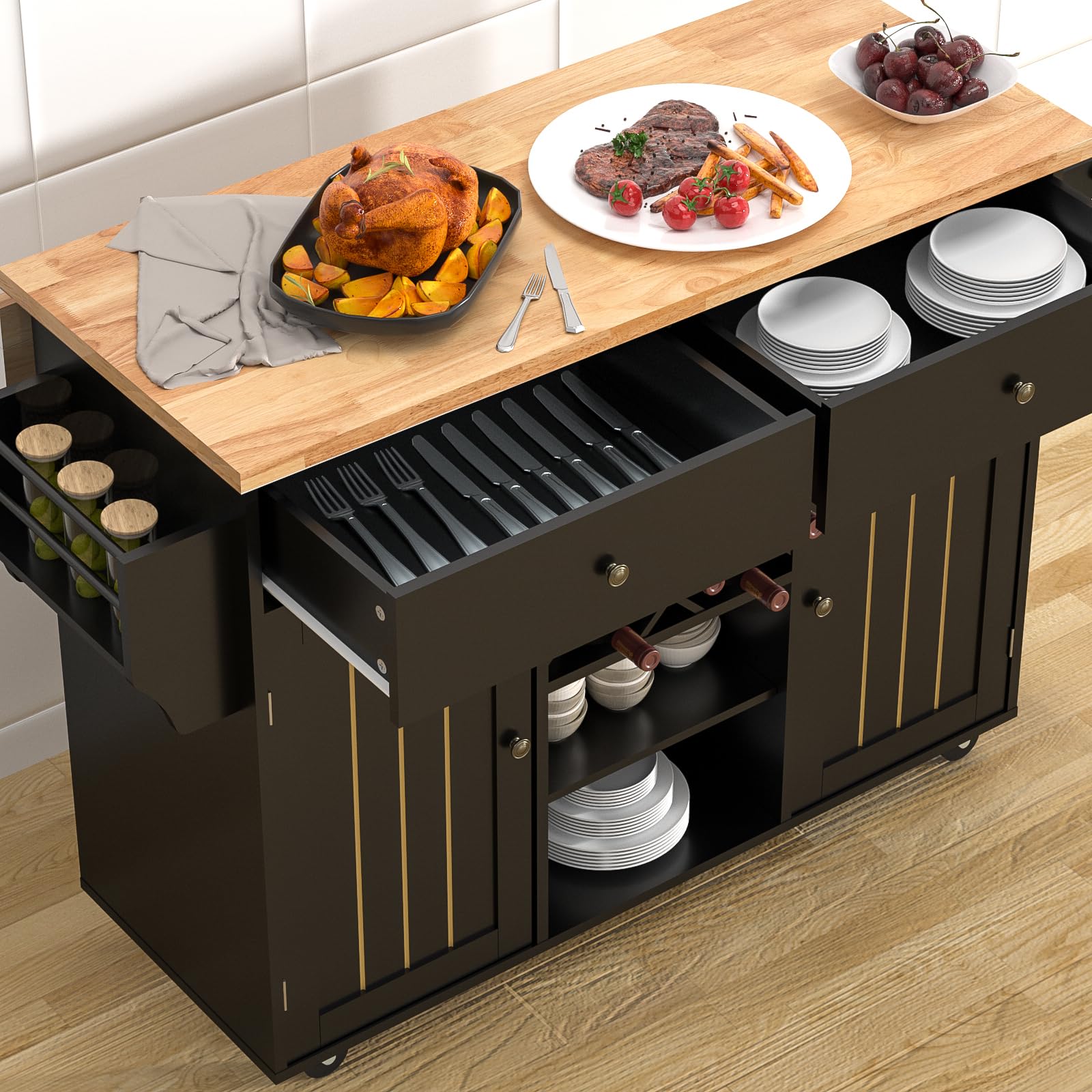 Rolling Kitchen Island Cart with Drop-Leaf and Wine Rack, Ktichen Serving Cart on Wheels w/ Cabinet Drawer & Shelves & Spice Rack & Towel Bar