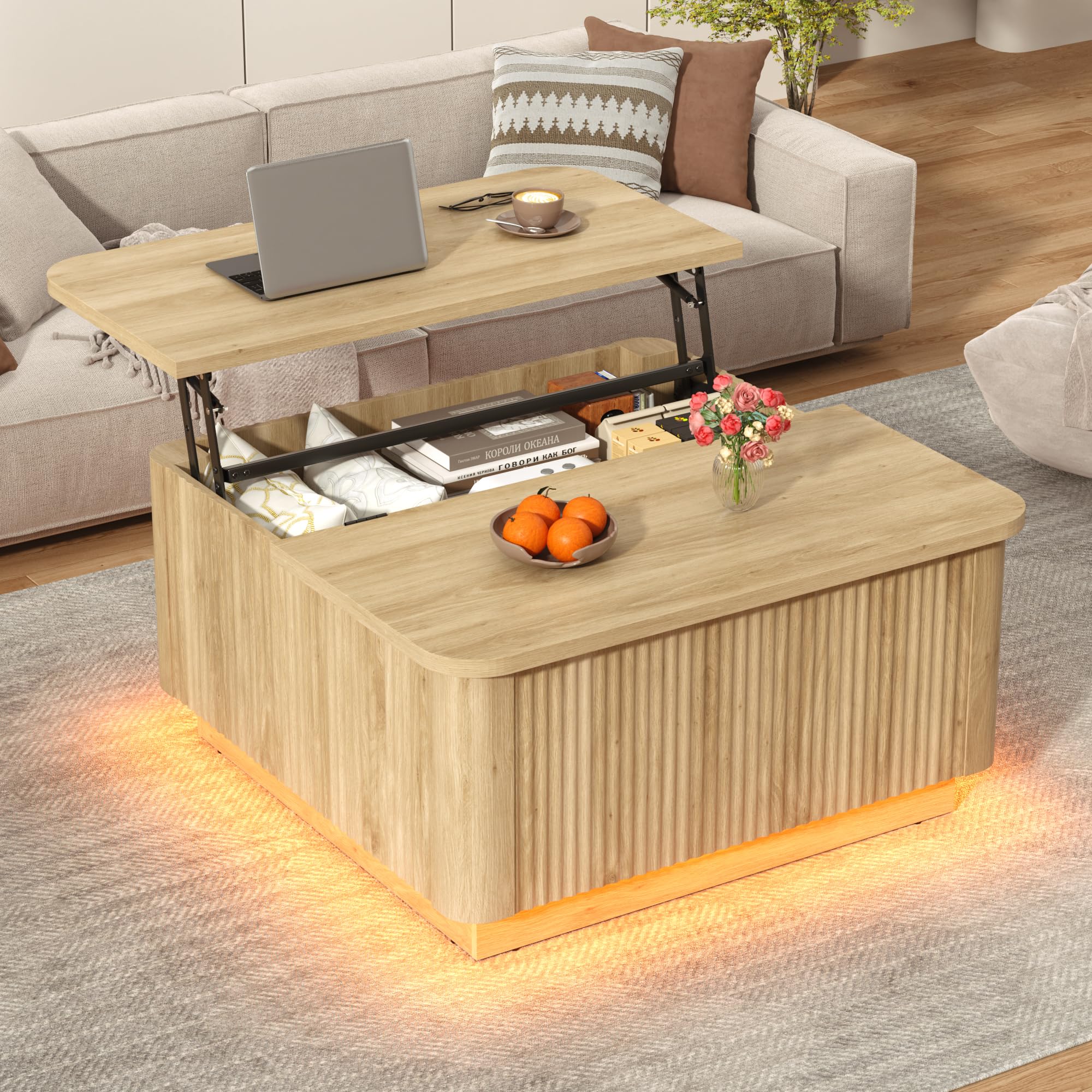 Blotout 35.4" Square Fluted Coffee Table with Lift Top and LED Lights, Wood Curved Design Center Table for Living Room, Modern Multi-Function Coffee Table with Large Hidden Space for Home,Office