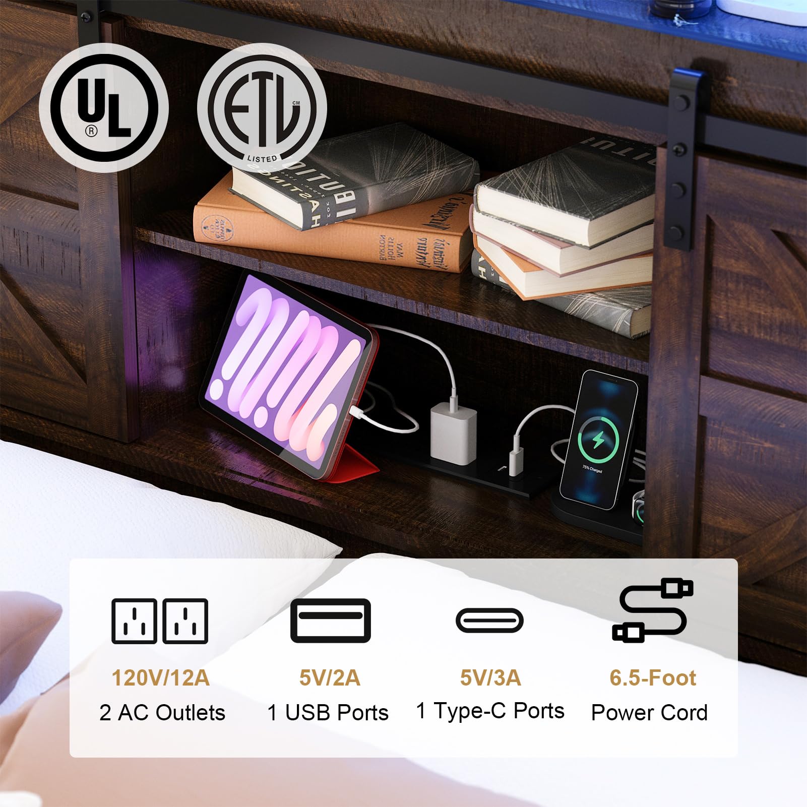 Farmhouse Queen Size Bed Frame with LED Light & Charging Station, Sliding Barn Door Storage Headboard