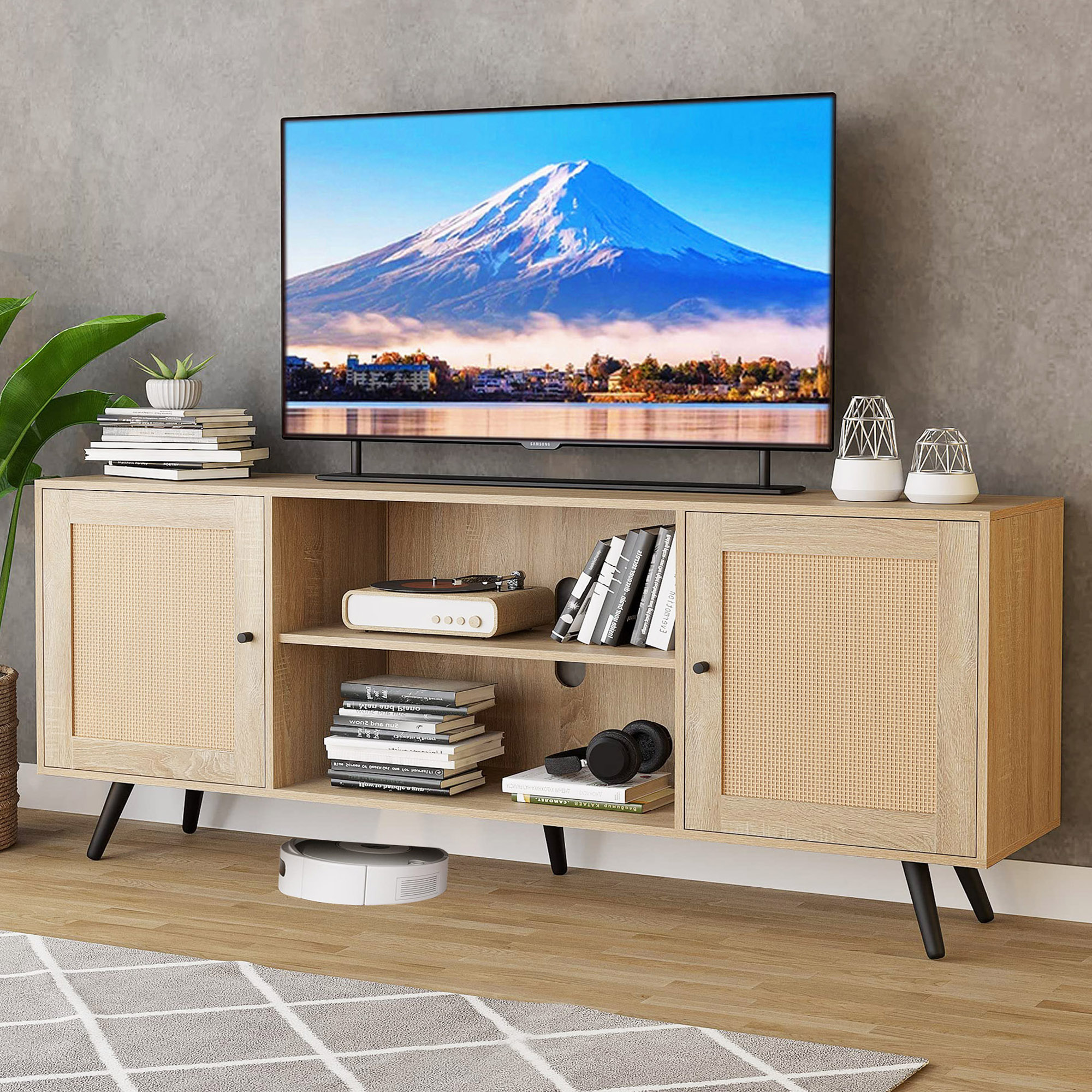 Blotout 68IN Rattan TV Stand for 75/65 Inch TV, Mid Century Entertainment Center with Natural Rattan Door, Large Boho Media TV Console, Television Stand for Living Room