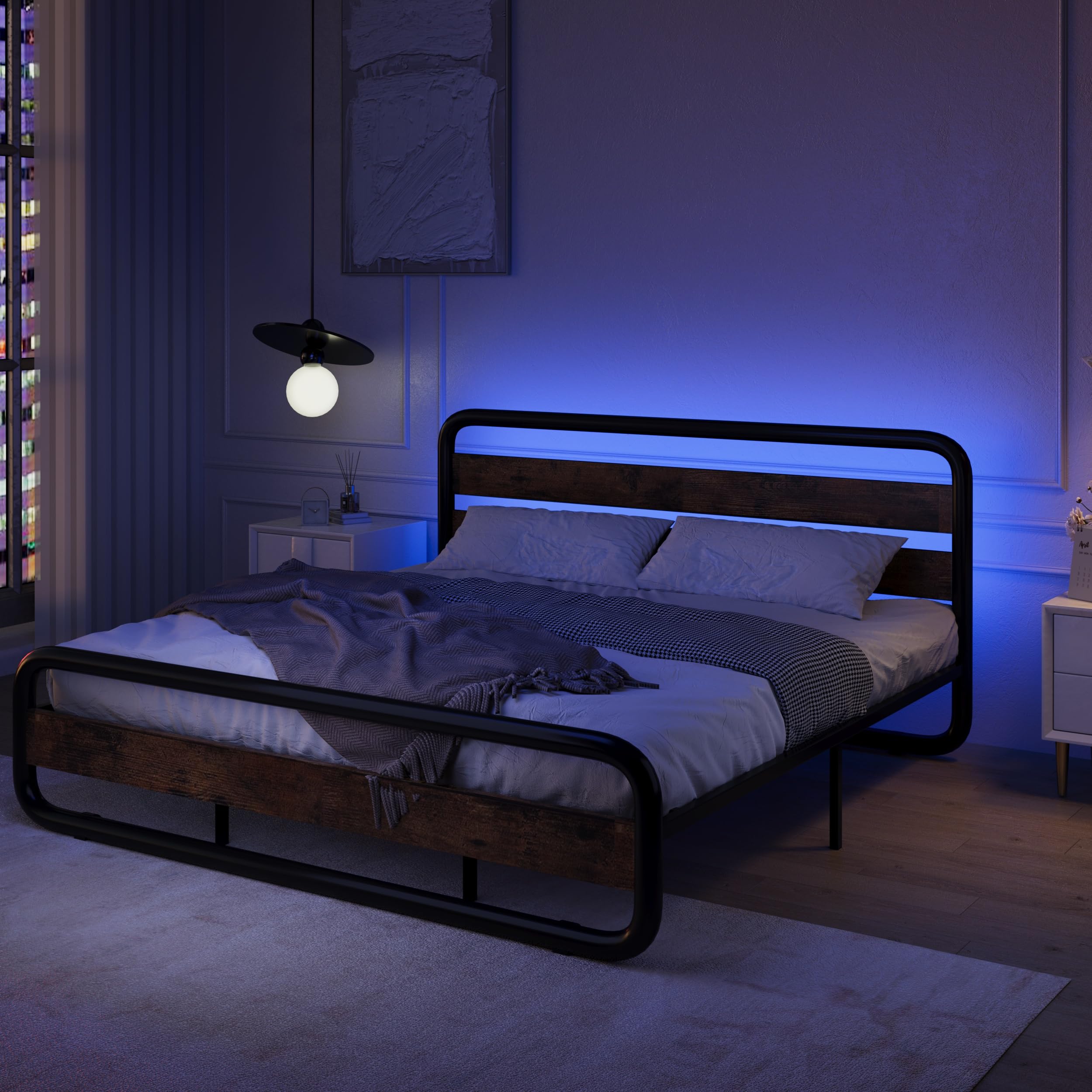 Heavy Duty Metal Bed Frame with Wood Headboard & Footboard