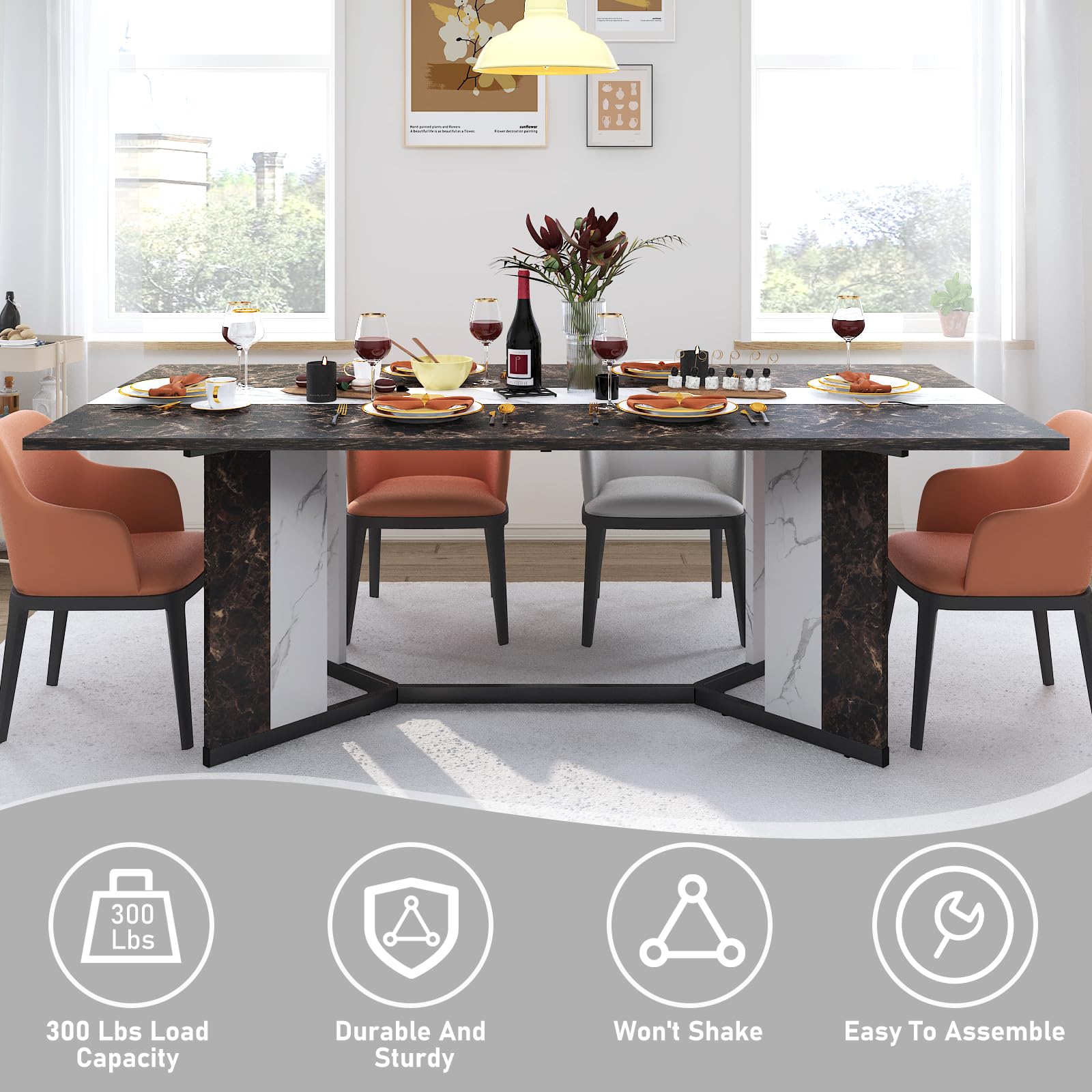 71" Large Dining Table for 6-10 People, Modern Luxurious Marble Family Rectangular Dinner Table