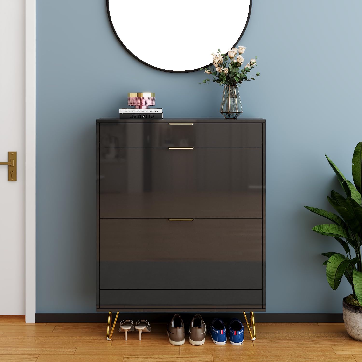 Wood Shoe Cabinet Shoe Rack with Flip Doors, High Gloss Slim 24 Pairs Shoes Storage Rack