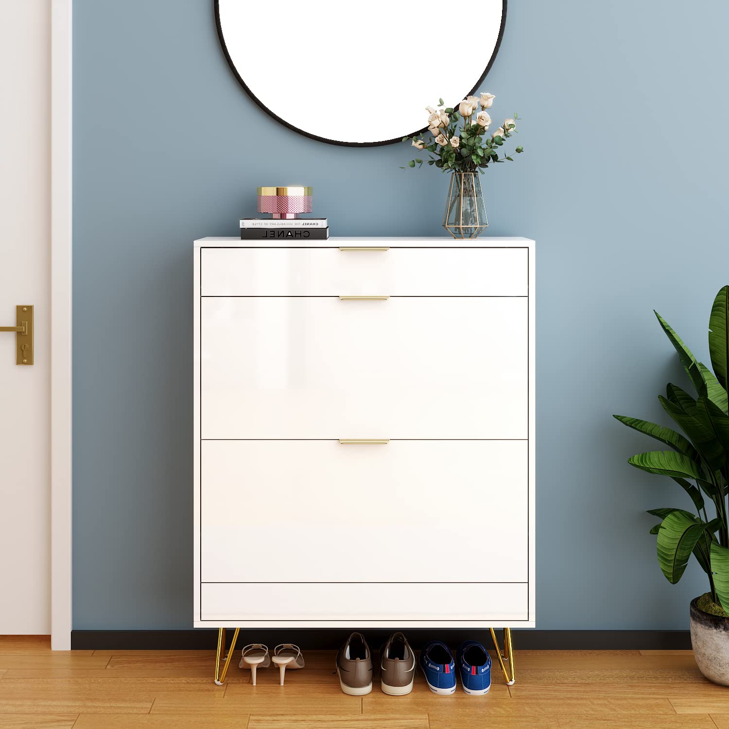 Wood Shoe Cabinet Shoe Rack with Flip Doors, High Gloss Slim 24 Pairs Shoes Storage Rack