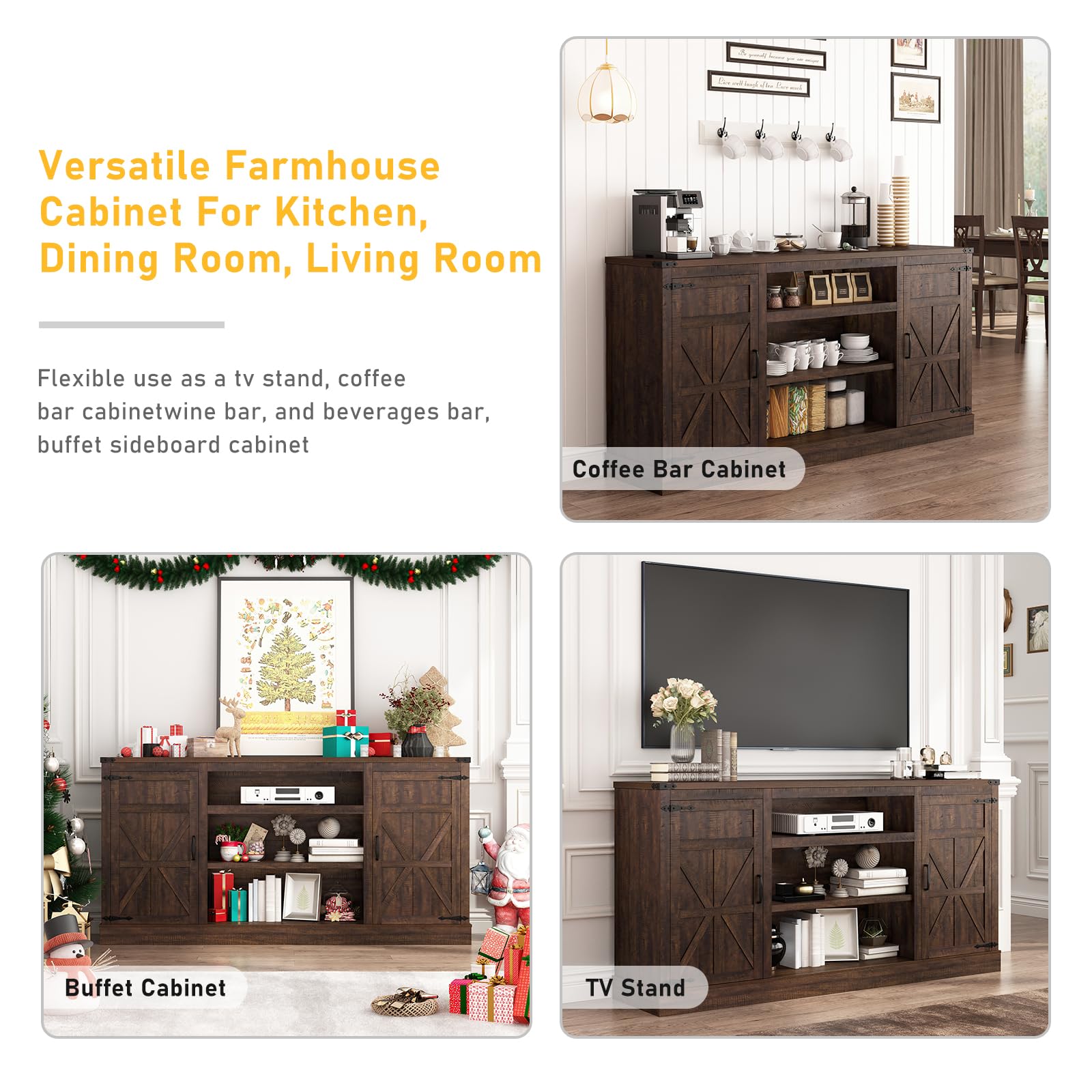 66'' Large Bar Cabinet, Farmhouse Coffee Bar Cabinet with Power Outlet with Adjustable Shelf, Kitchen Buffet Sideboard