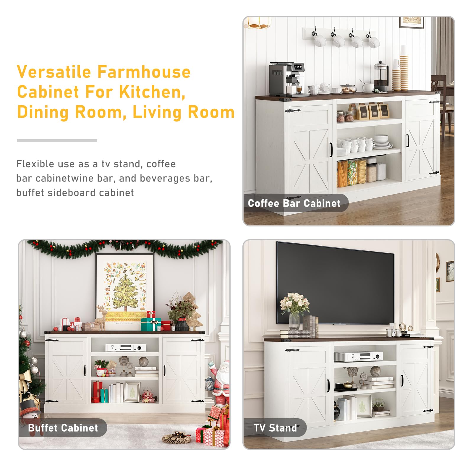 66'' Large Bar Cabinet, Farmhouse Coffee Bar Cabinet with Power Outlet with Adjustable Shelf, Kitchen Buffet Sideboard