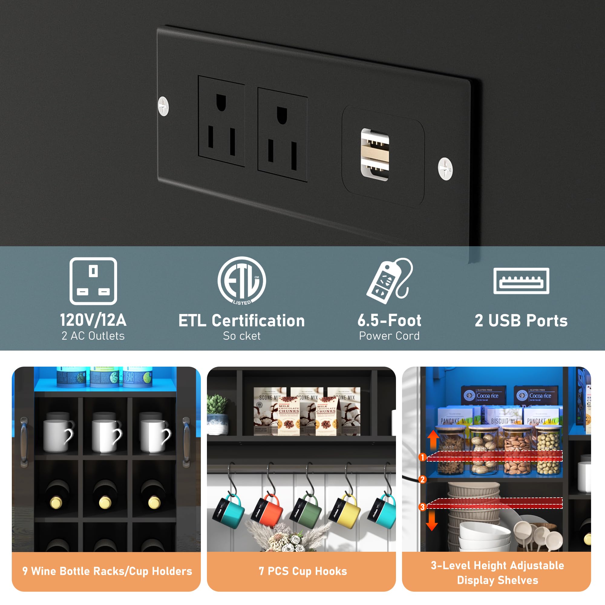 Blotout LED Kitchen Pantry Storage Cabinet with Power Outlet, 58" Tall Bar Cabinet with Lights, Adjustable Shelf, 9 Wine Racks, 6 Hooks , Morden Glass Door Cabinet with Storage, Black