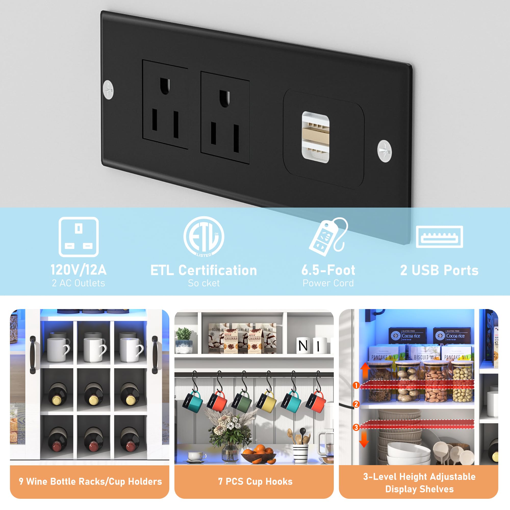 Blotout LED Kitchen Pantry Storage Cabinet with Power Outlet, 58" Tall Bar Cabinet with Lights, Adjustable Shelf, 9 Wine Racks, 6 Hooks , Morden Glass Door Cabinet with Storage, Black