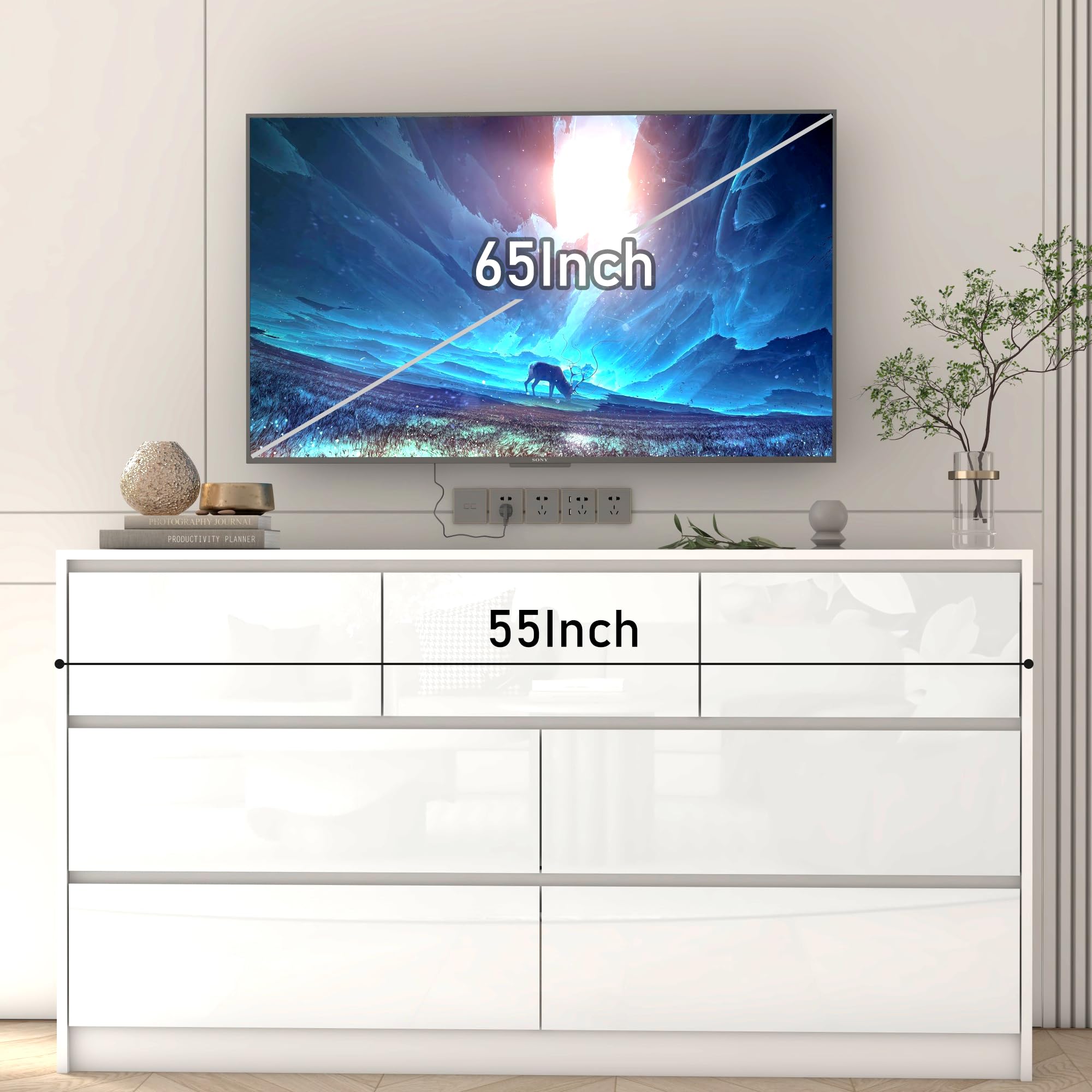 Blotout Modern Black Dresser for Bedroom, 55" Long Dresser High Gloss Dresser with 7 Drawers, Large Wood Chest of Drawer Handle Free, Dresser for Bedroom, Living Room, Entryway, Hallway