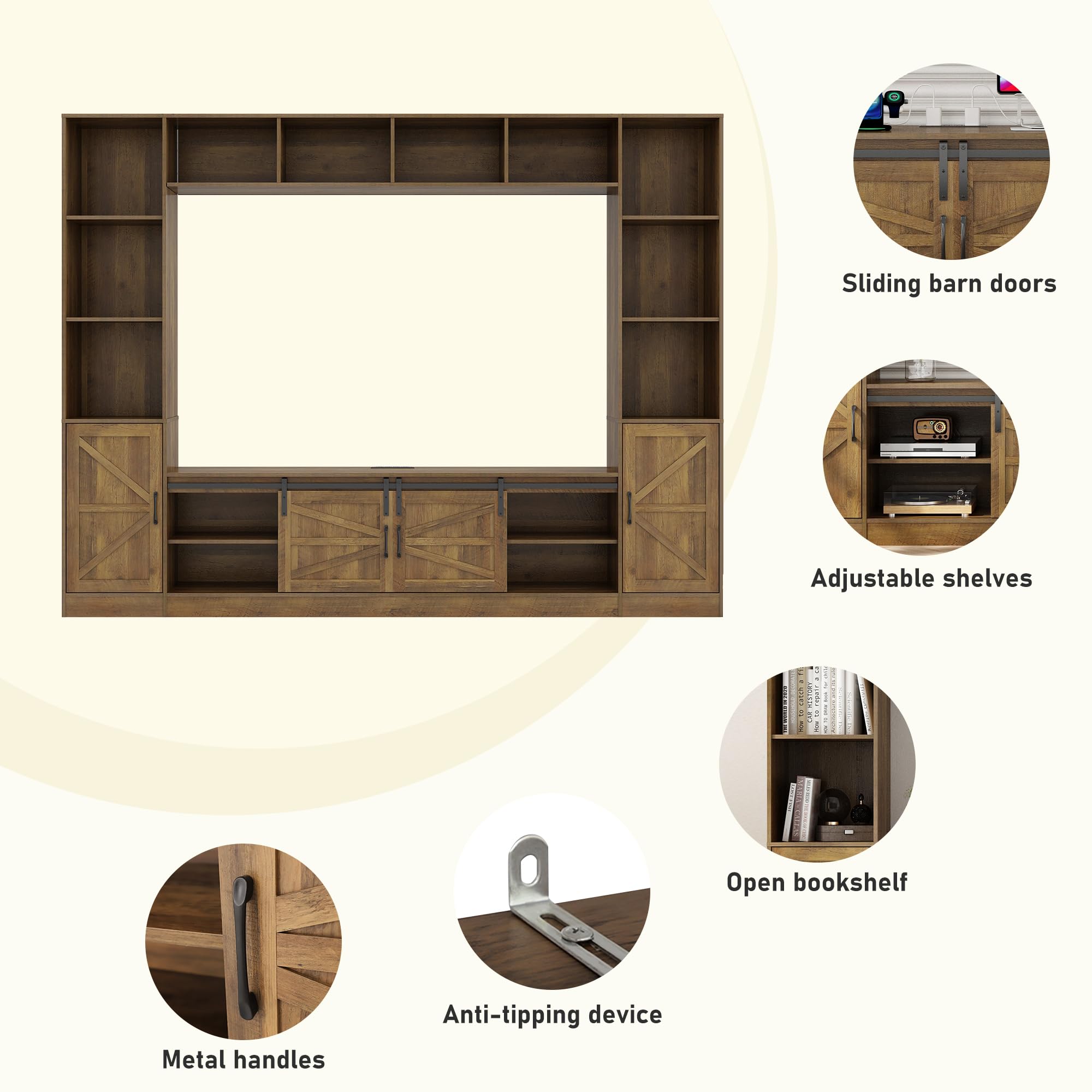 Blotout 103" Entertainment Center for TVs up to 80", Large Wall Unit TV Stand with Storage, Farmhouse TV Wall Unit with Sliding Barn Door and Power Outlet, Rustic Brown