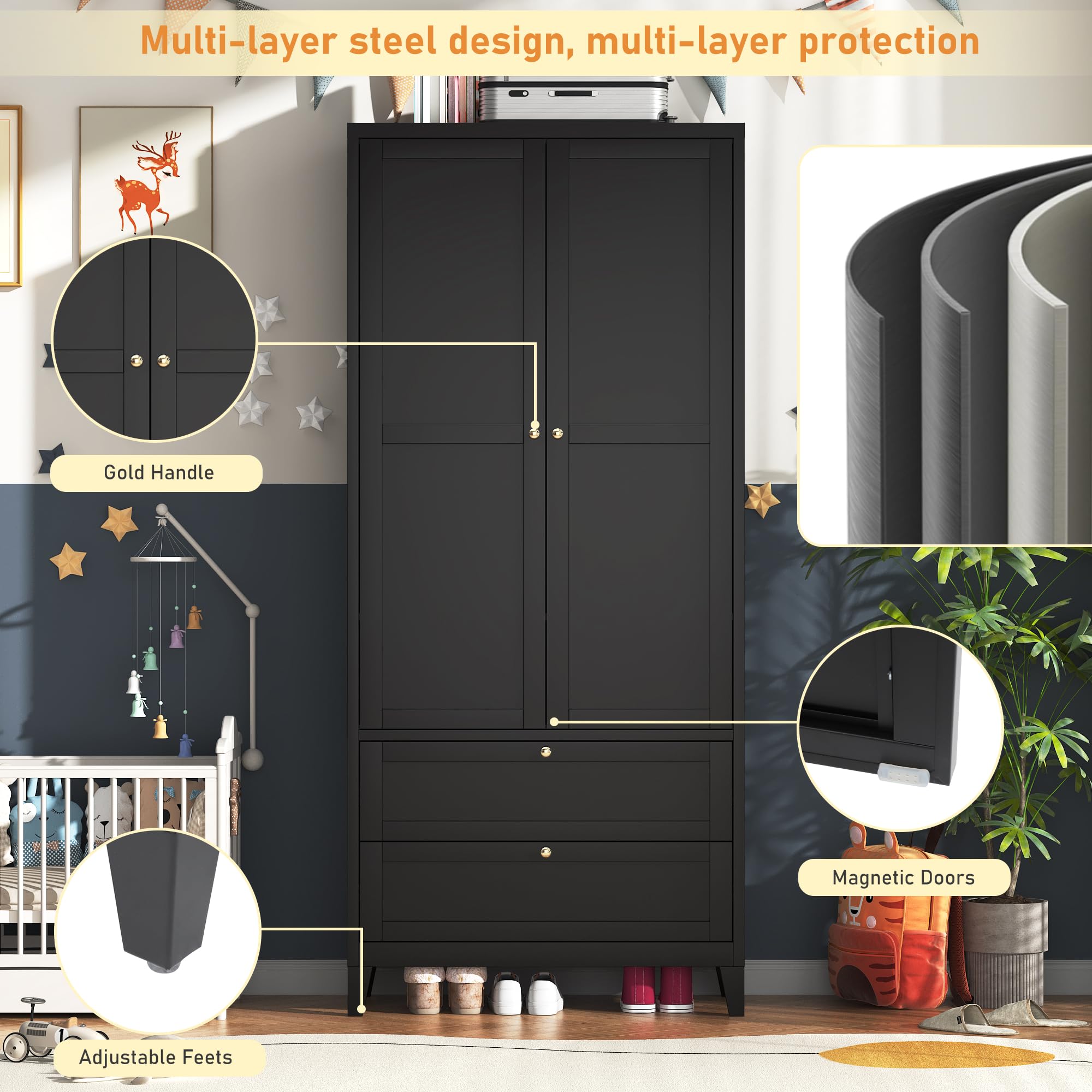 71" 2 Door Armoire Wardrobe Closet with 2 Drawers, Metal Armoire Closet Clothing Storage Cabinet with Hanging Rod & Adjustable Shelf for Bedroom Dorm