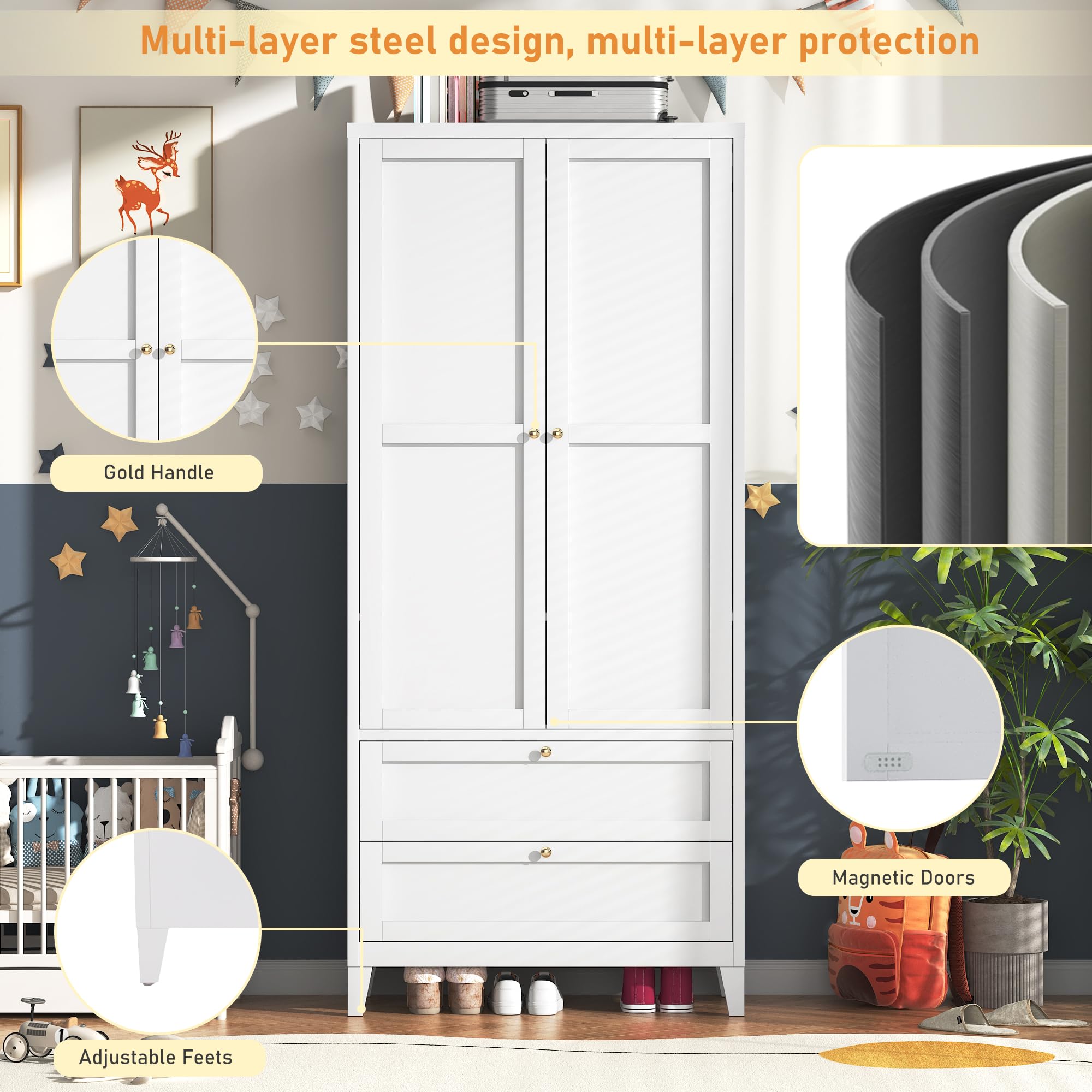 71" 2 Door Armoire Wardrobe Closet with 2 Drawers, Metal Armoire Closet Clothing Storage Cabinet with Hanging Rod & Adjustable Shelf for Bedroom Dorm