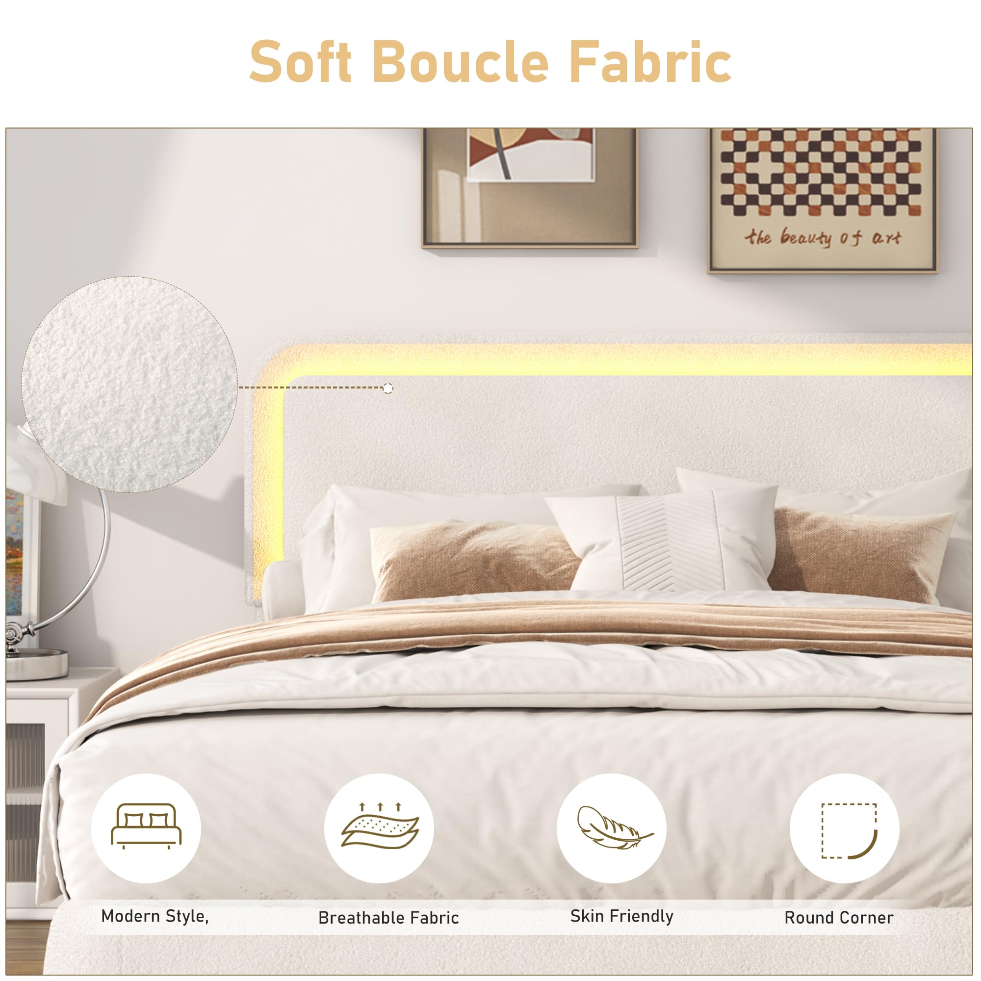 Boucle Bed Frame with LED Light & Adjustable Headboard, Upholstered Platform Bed with Soft Curved Corners