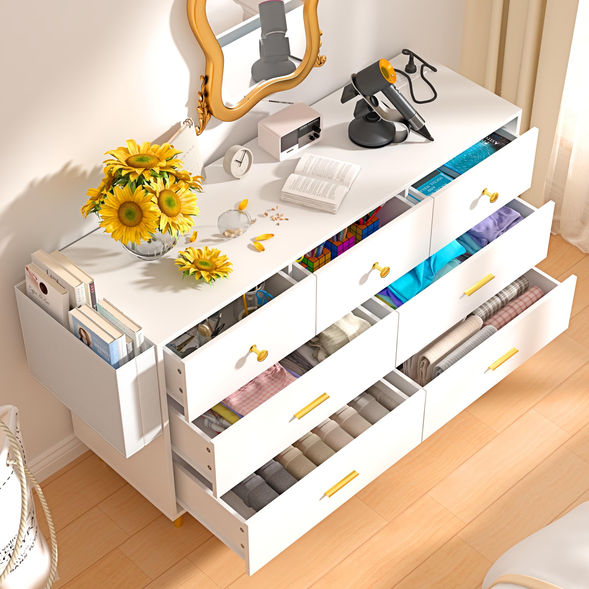 Drawer Dresser with Power Outlets, Wooden Dresser for Bedroom, Mid-Century Modern Closet Dresser for Living Room Hallway Entryway