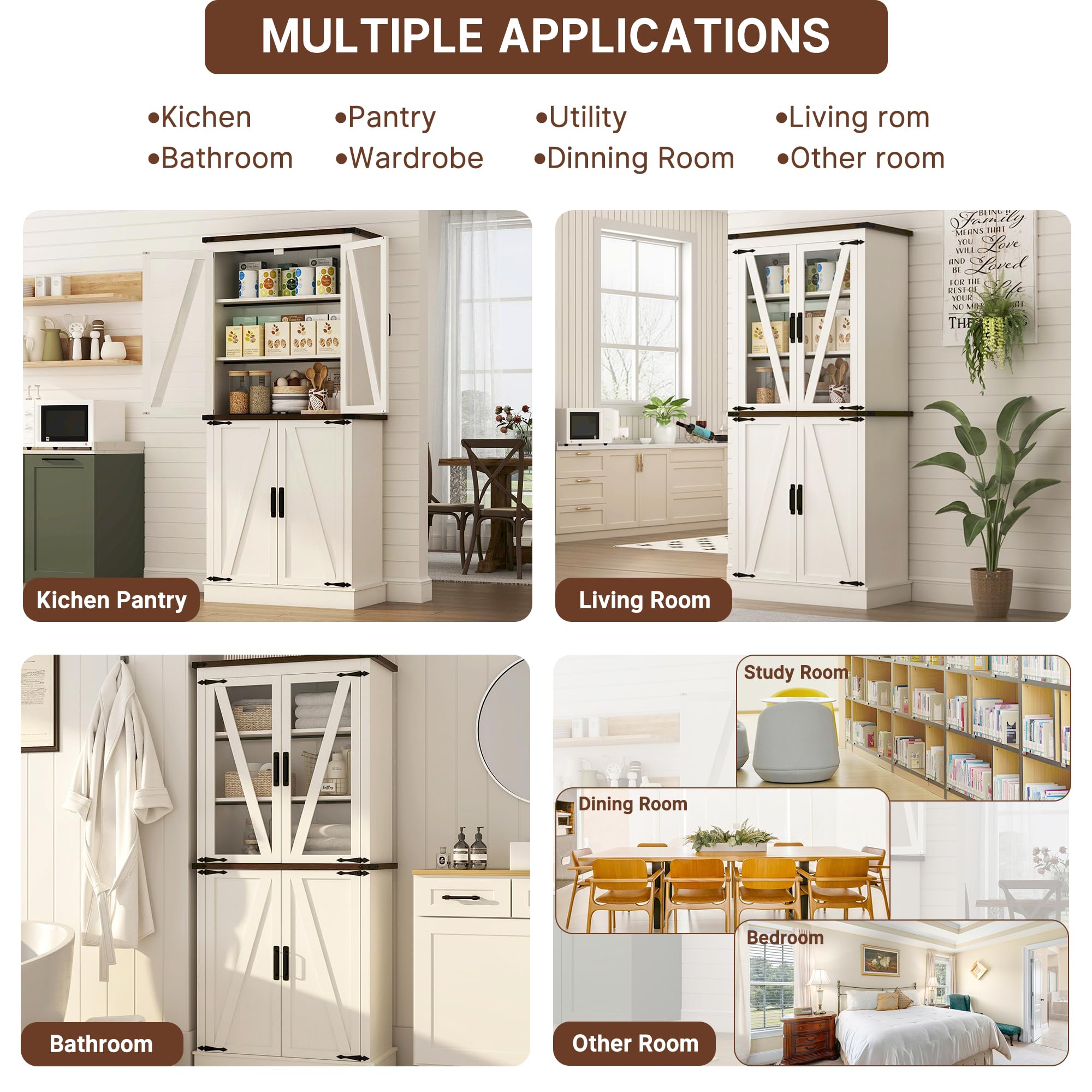 71" Farmhouse Kitchen Pantry Cabinet, Tall Storage Cabinet Wood Food Pantry with Barn Doors and Adjustable Shelves Versatile Storage Freestanding Cupboard for Kitchen