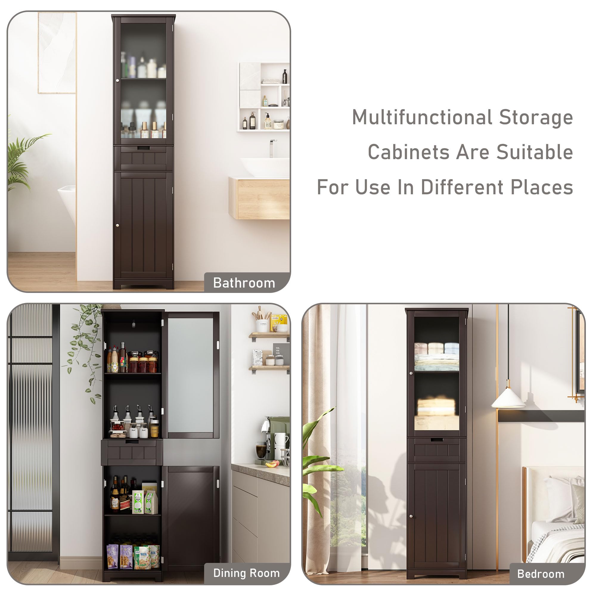 Blotout 64" White Tall Bathroom Cabinet, 6 Shelf Morden Bathroom Storage Cabinet with 4 Doors/Adjustable Shelf,Floor Freestanding Cabinet for Bathroom,Kitchen,Living Room