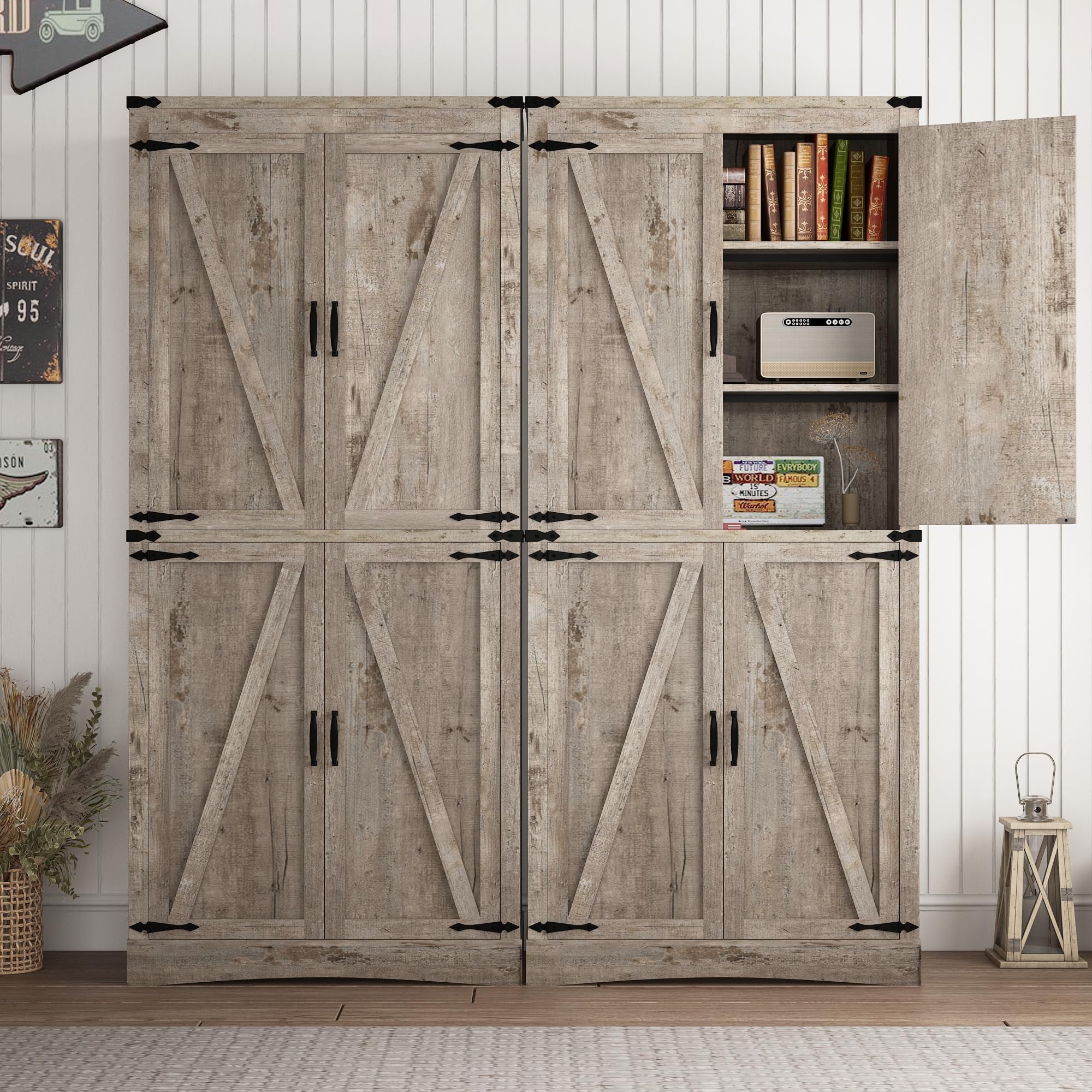 71" Tall Farmhouse Kitchen Pantry Cabinet, 5 Layers Storage Cabinet with Adjustable Shelves, Farmhouse Pantry Cabinet with 4 Barn Doors for Kitchen, Dining Room, Bathroom, Living Room, Rustic White