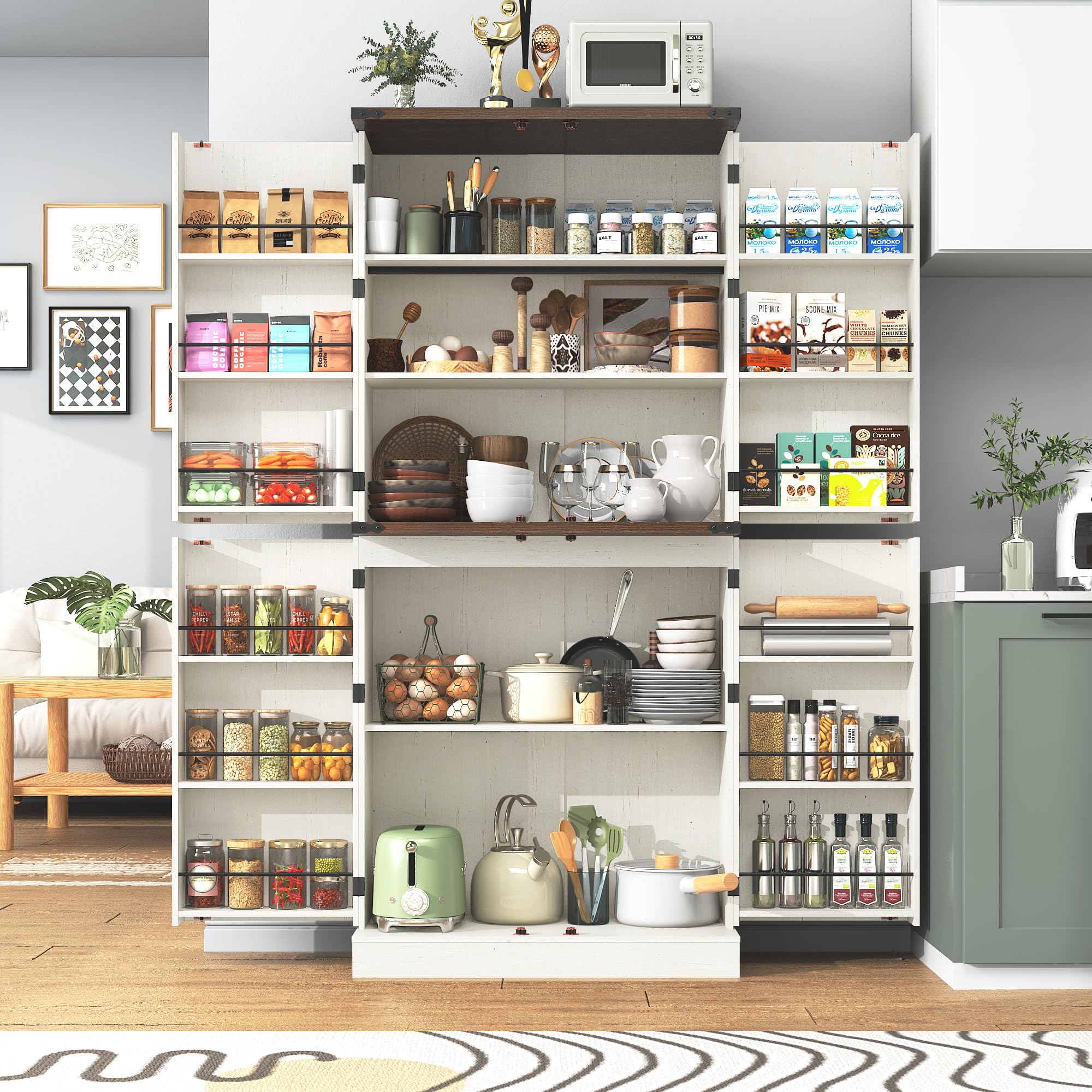 71" Tall Farmhouse Kitchen Pantry with 12 Side Shelves, 5 Layers Pantry Storage Cabinet w/Load-Bearing Steel Pipe & 4 Barn Doors/Adjustable Shelves for Kitchen, Dining Room, Living Room, Brown