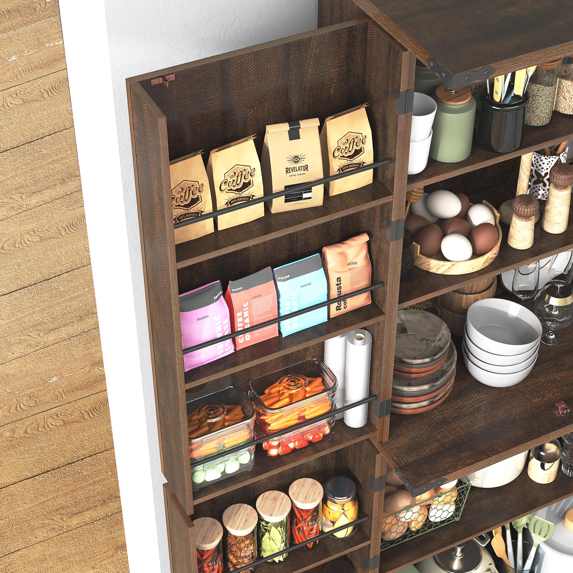 71" Tall Farmhouse Kitchen Pantry with 12 Side Shelves, 5 Layers Pantry Storage Cabinet w/Load-Bearing Steel Pipe & 4 Barn Doors/Adjustable Shelves for Kitchen, Dining Room, Living Room, Brown