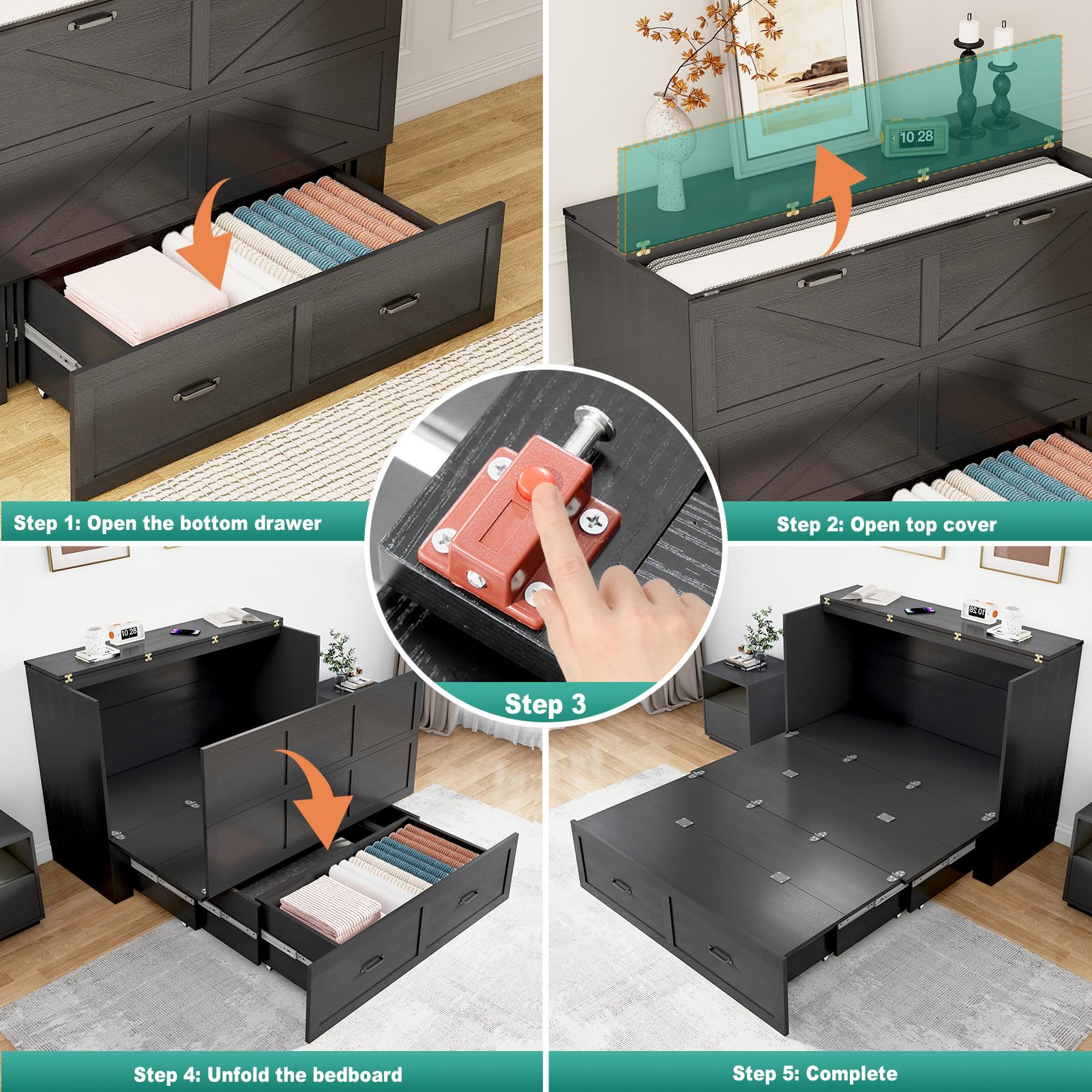 ANPOO Full Size Murphy Chest Bed with 2 Drawers & Power Outlets, Farmhouse Wood 2 in 1 Convertible Chest Bed Cabinet with Storage, Multifunctional Storage Cabinet Bed for Bedroom,Office,White