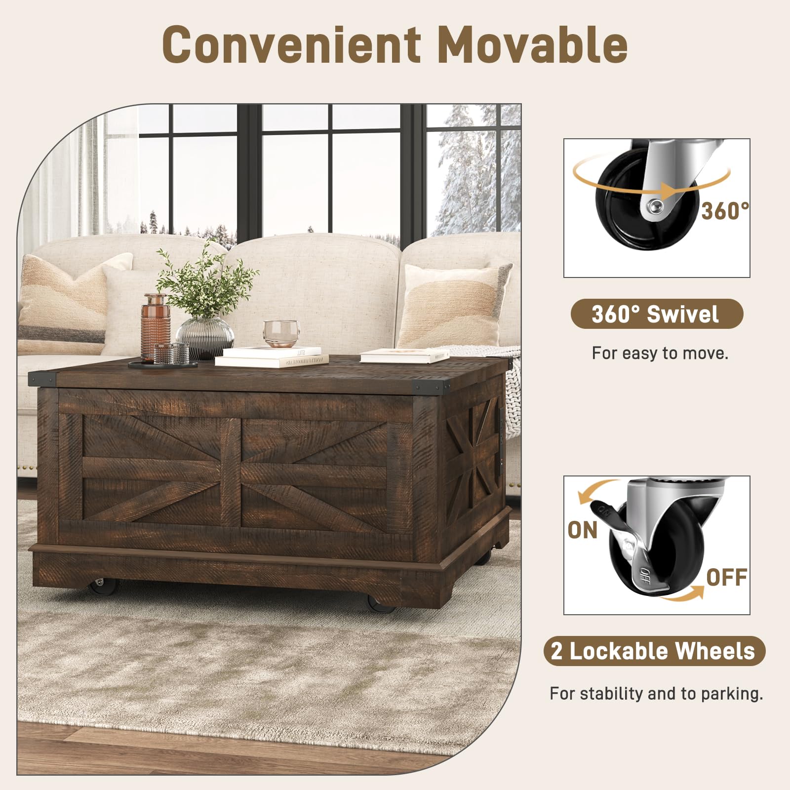 ANPOO 40" Large Farmhouse Lift Top Coffee Table with Storage & Power Outlets, Square Coffee Table w/Large Hidden Storage, Lift Wooden Barn Door Center Table for Home, Office,Rustic White