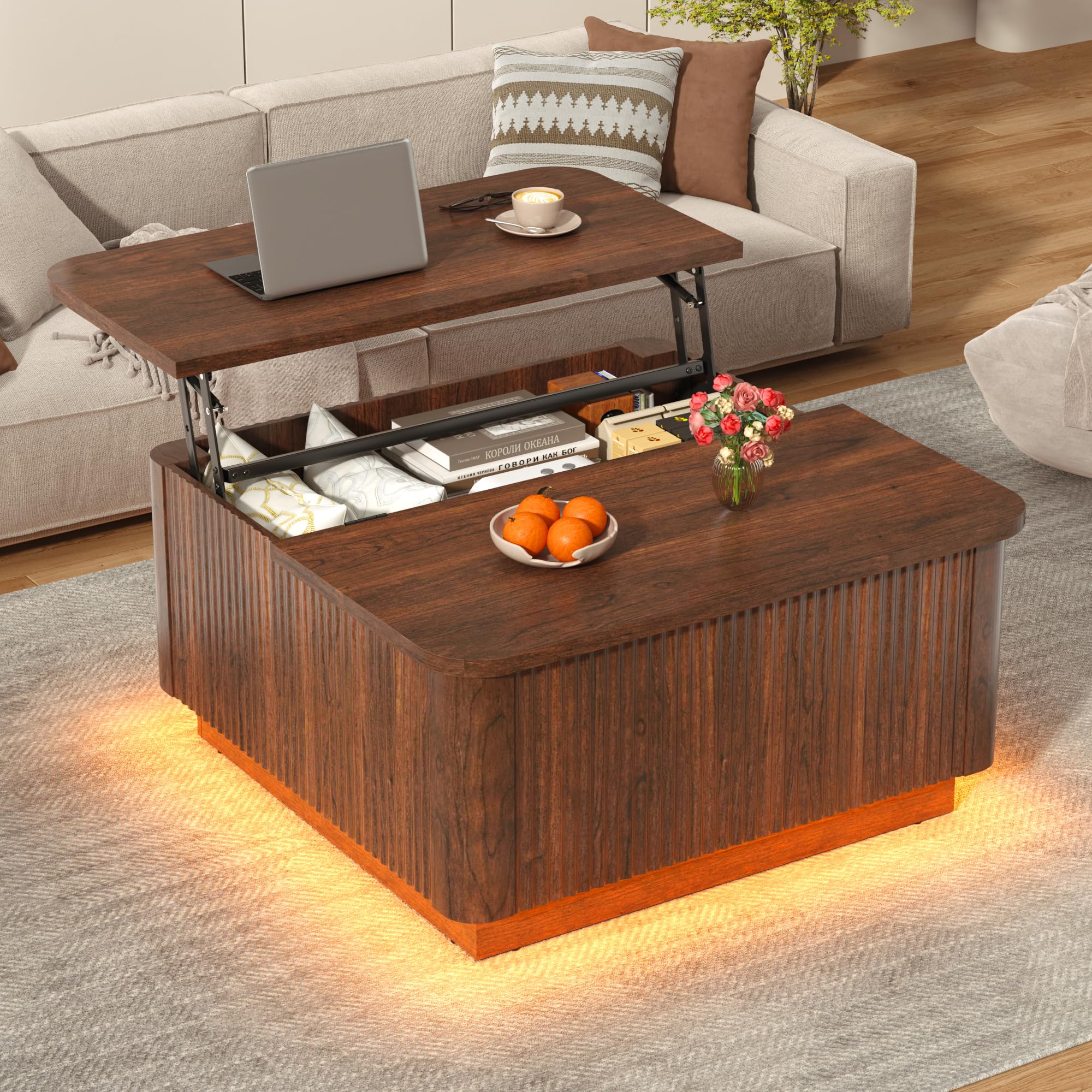 Blotout 35.4" Square Fluted Coffee Table with Lift Top and LED Lights, Wood Curved Design Center Table for Living Room, Modern Multi-Function Coffee Table with Large Hidden Space for Home,Office