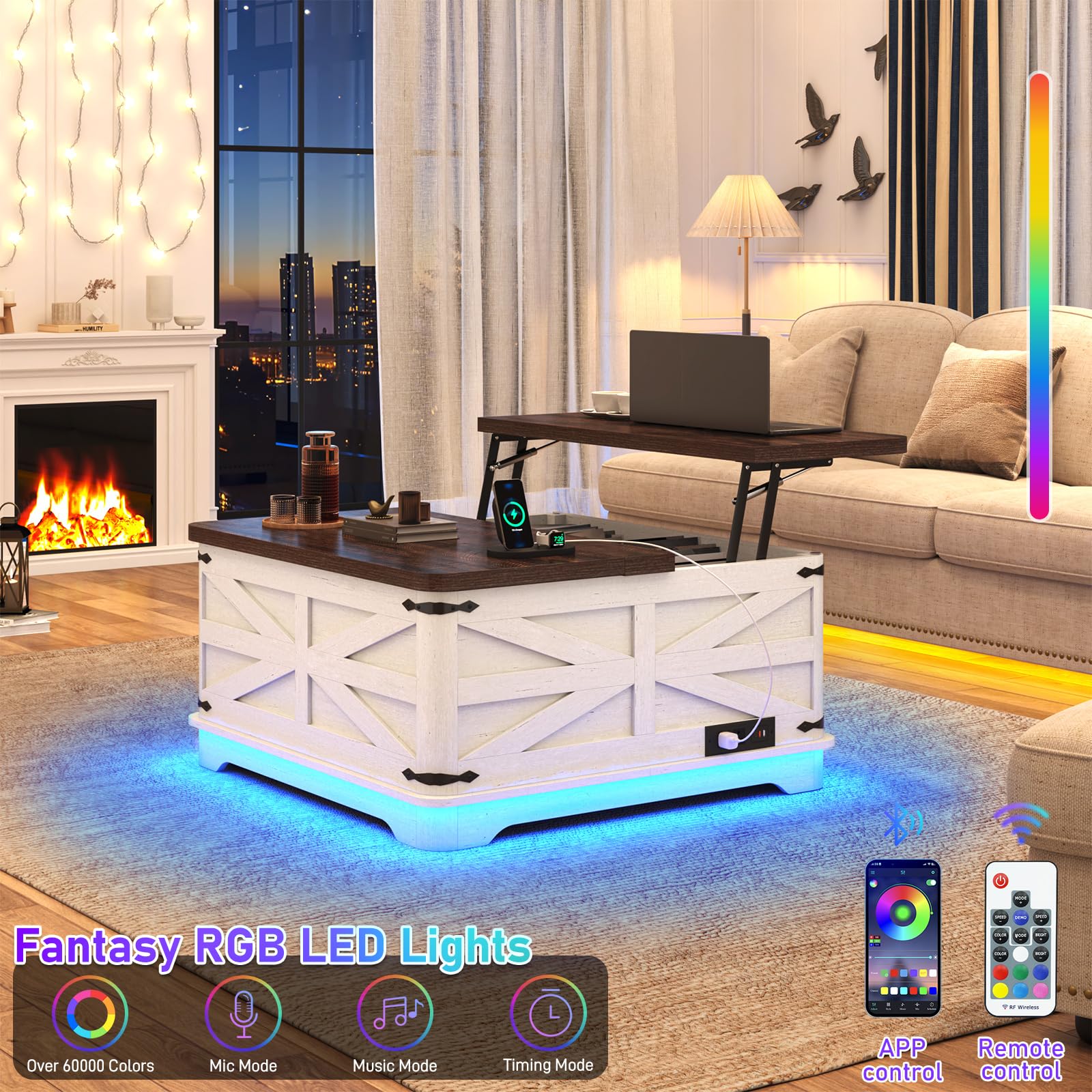 Blotout Farmhouse Lift Top Coffee Table with LED Light and Power Outlets, 36" Square Wood Living Room Storage Tables with Large Hidden Space, Lift Wooden Barn Door Center Table