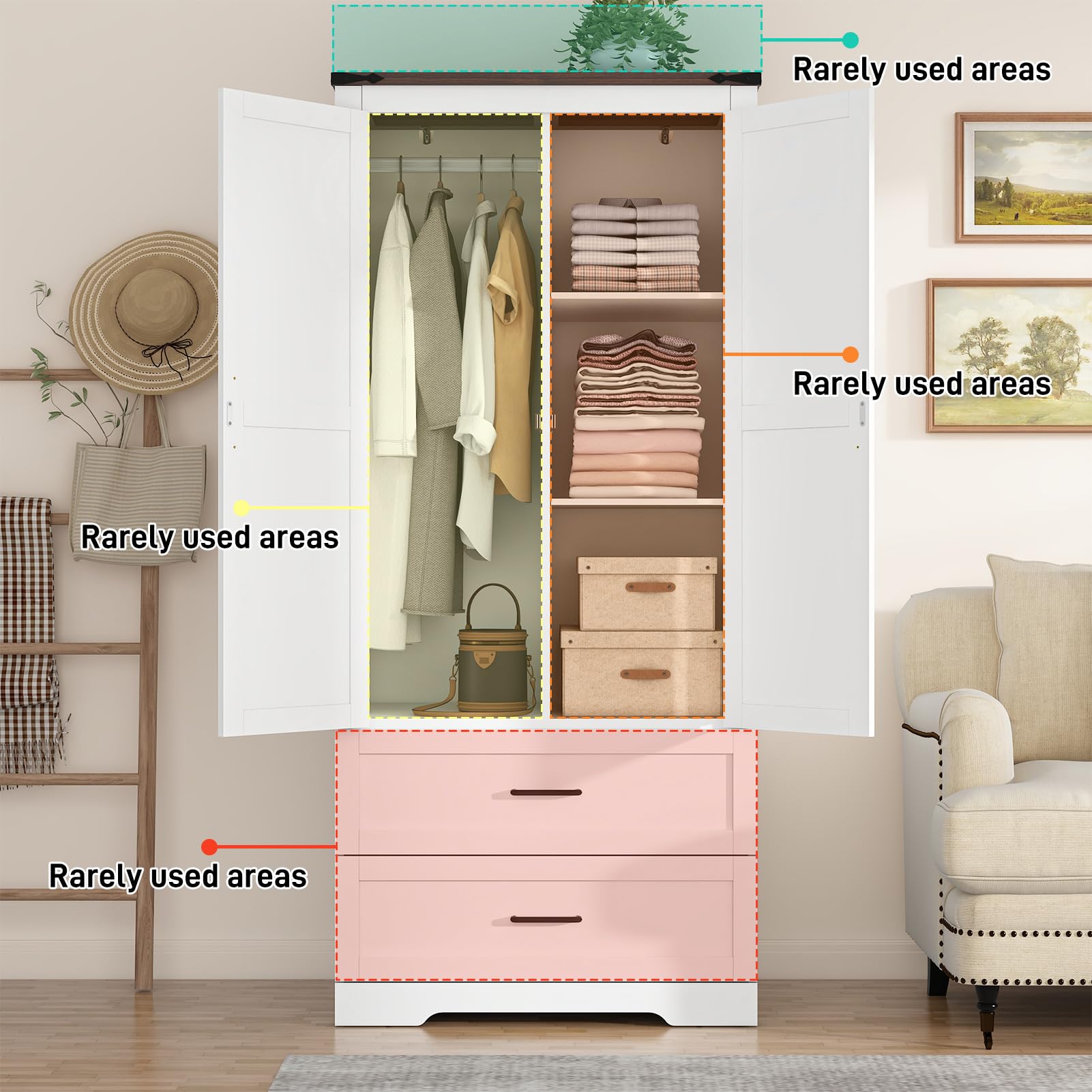 Blotout 2 Door Farmhouse Armoire Wardrobe Closet With 2 Drawers, 70" Tall Wooden Wardrobe Cabinet with Hanging Rod and Adjustable Shelves for Bedroom, White