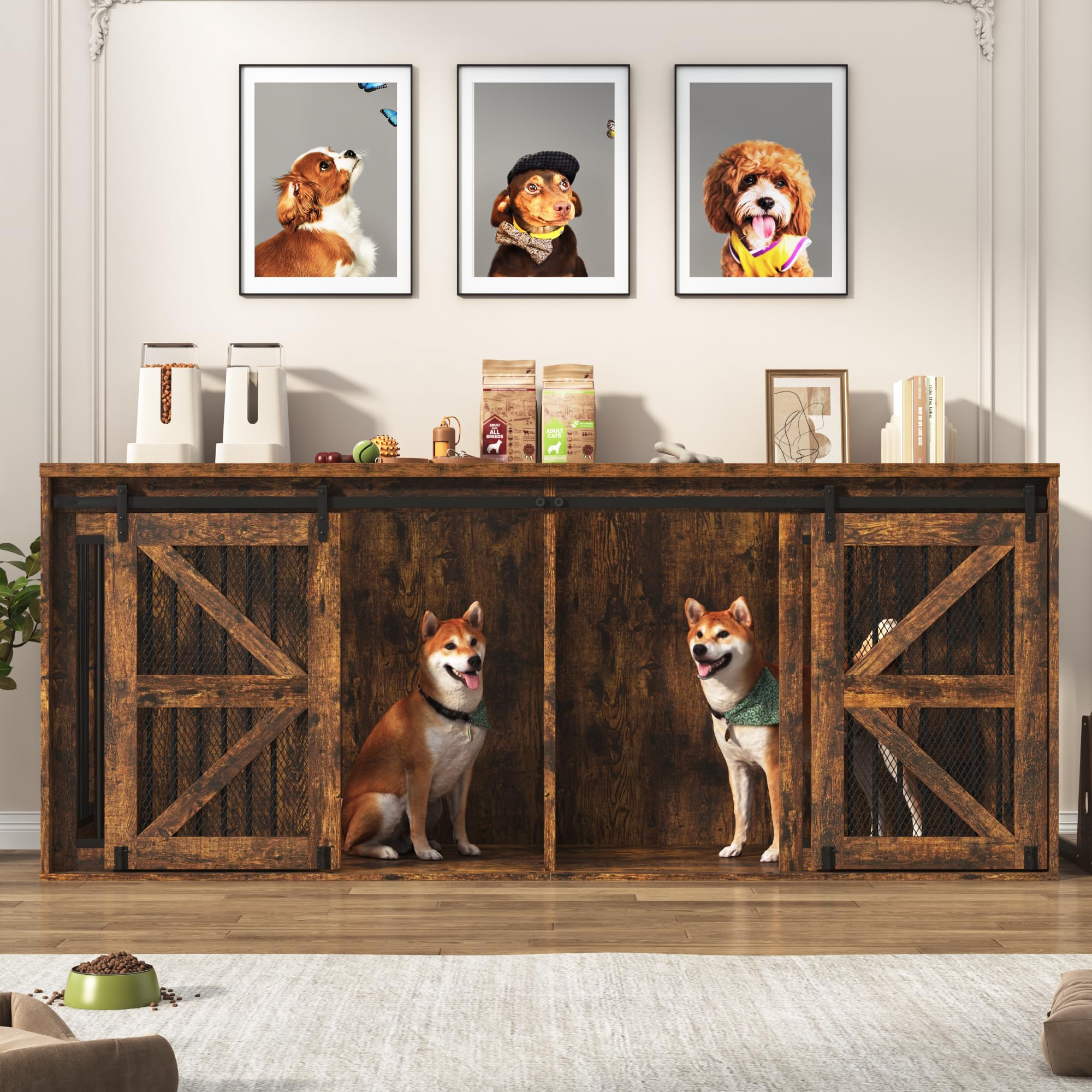 Blotout 87" Large Farmhouse Dog Crate TV Stand, Wooden Dog Crate Furniture with with Divider Panel/Sliding Metal Mesh Barn Door, XL-XXL Heavty Duty Dog Crates Furniture for 2 Medium or Large Dogs
