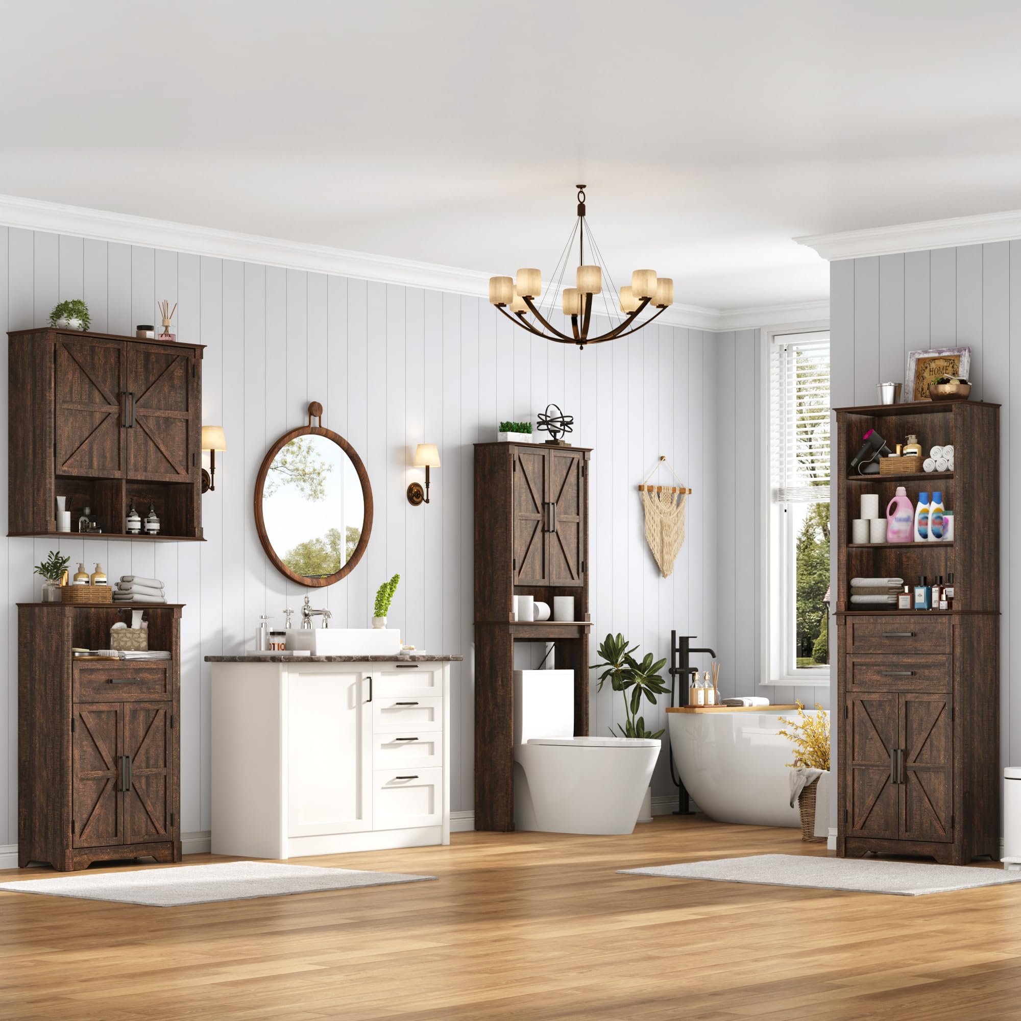 Farmhouse Wall Medicine Cabinets with 2 Barn Doors, Wood Bathroom Storage Cabinet with Roman Column Decor,Farmhouse Double Storage Cabinets with Adjustable Shelf & Door Cabinets, Rustic White