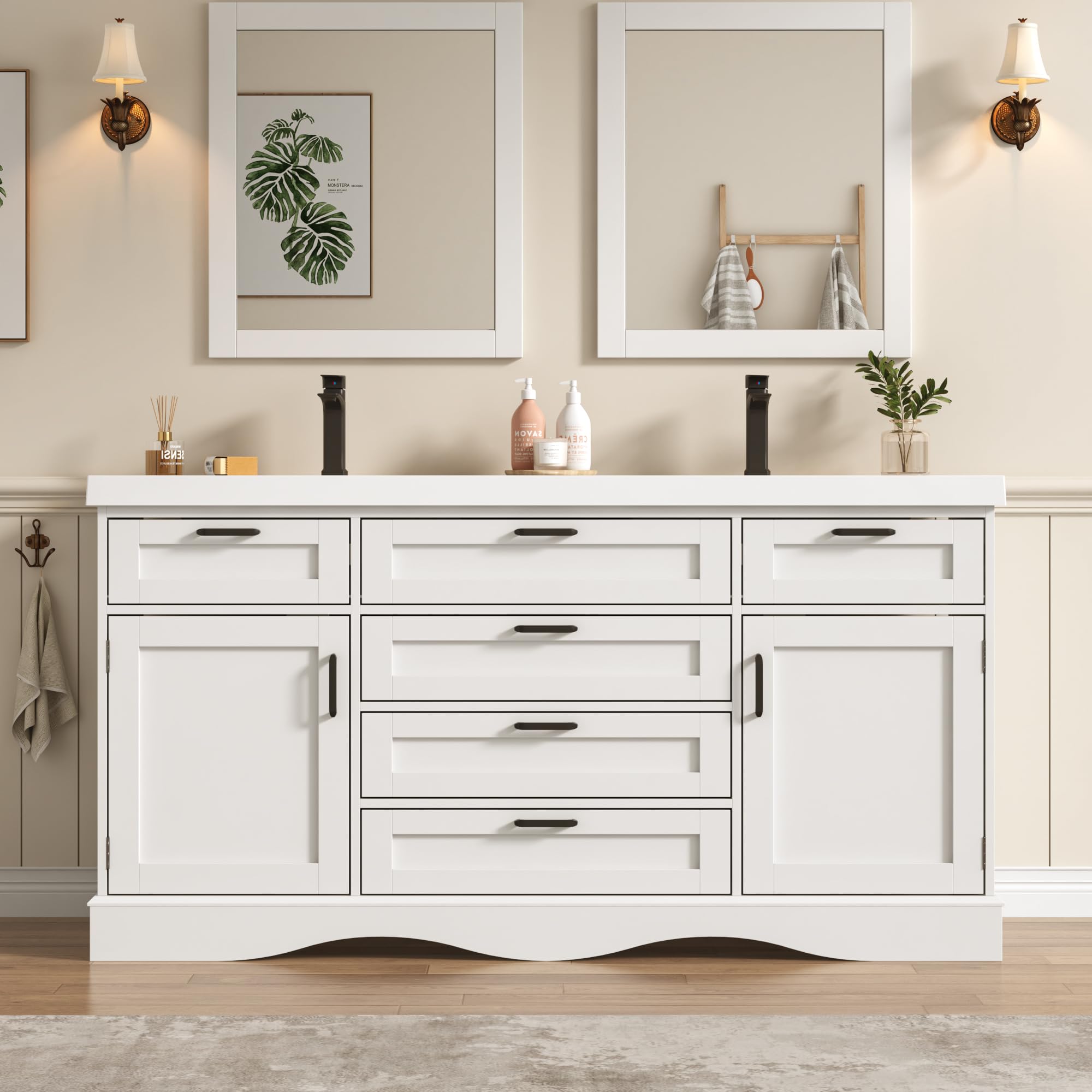  59" Modern Double Bathroom Vanity with Sink Combo, Bathroom Storage Cabinet with 2 Storage Doors and 6 Drawers