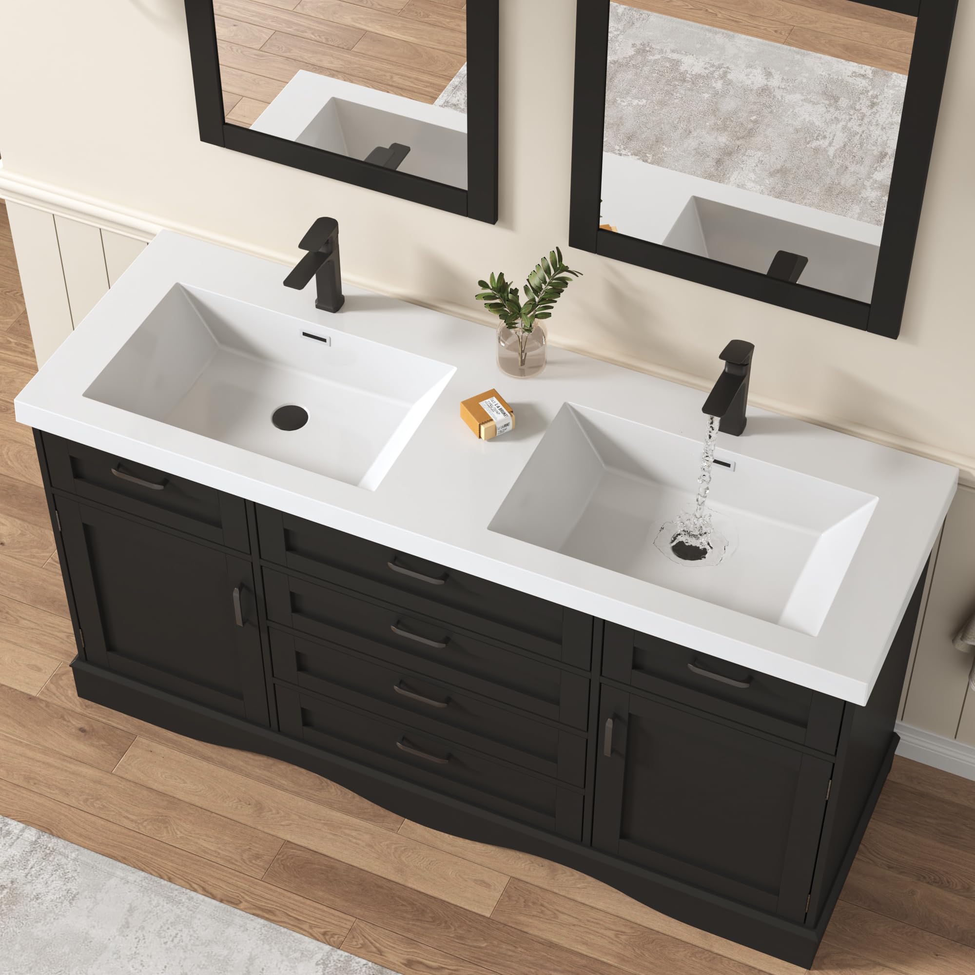  59" Modern Double Bathroom Vanity with Sink Combo, Bathroom Storage Cabinet with 2 Storage Doors and 6 Drawers