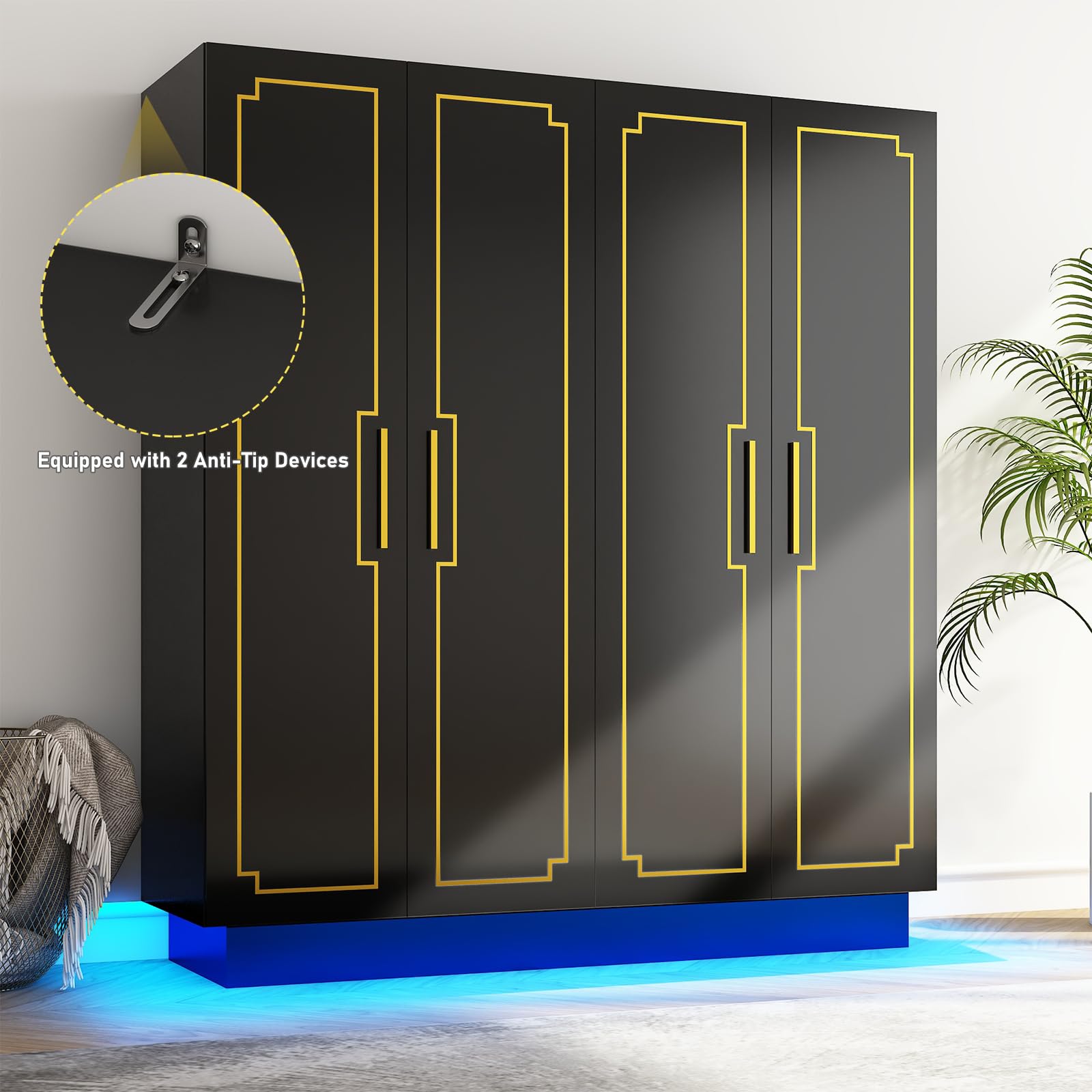 4 Door Wardrobe Armoire with LED Light, 70" Large Wooden Closet Storage with Hanging Rods & Multi-Layer Shelves for Large Bedroom