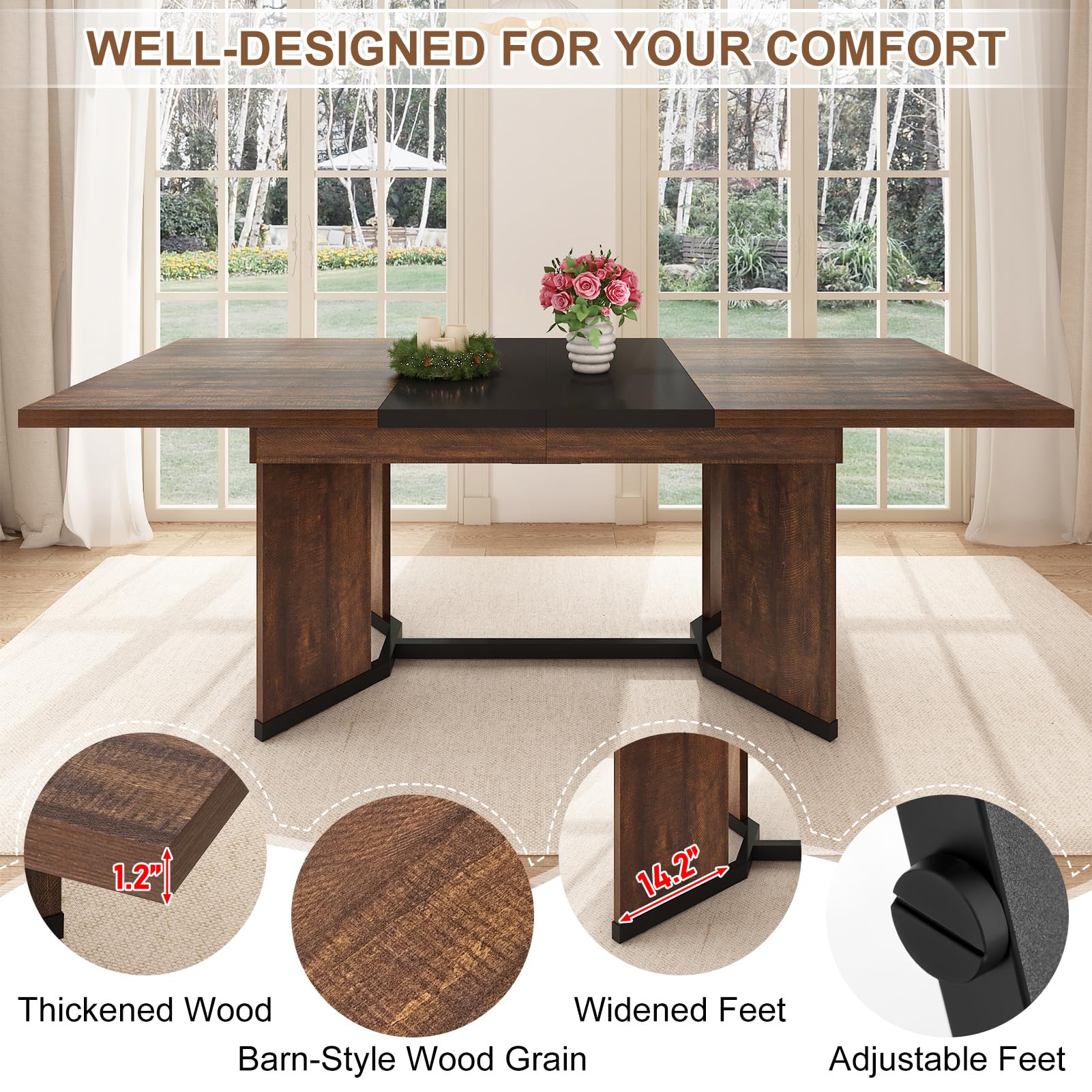 Blotout 59'' to 86.6" Extendable Dining Table Set with 6PCS Chairs, Modern Farmhouse Wooden Kitchen Table for 6-10 People, Rectangle Expandable Dining Room Table, Large Expanding Table
