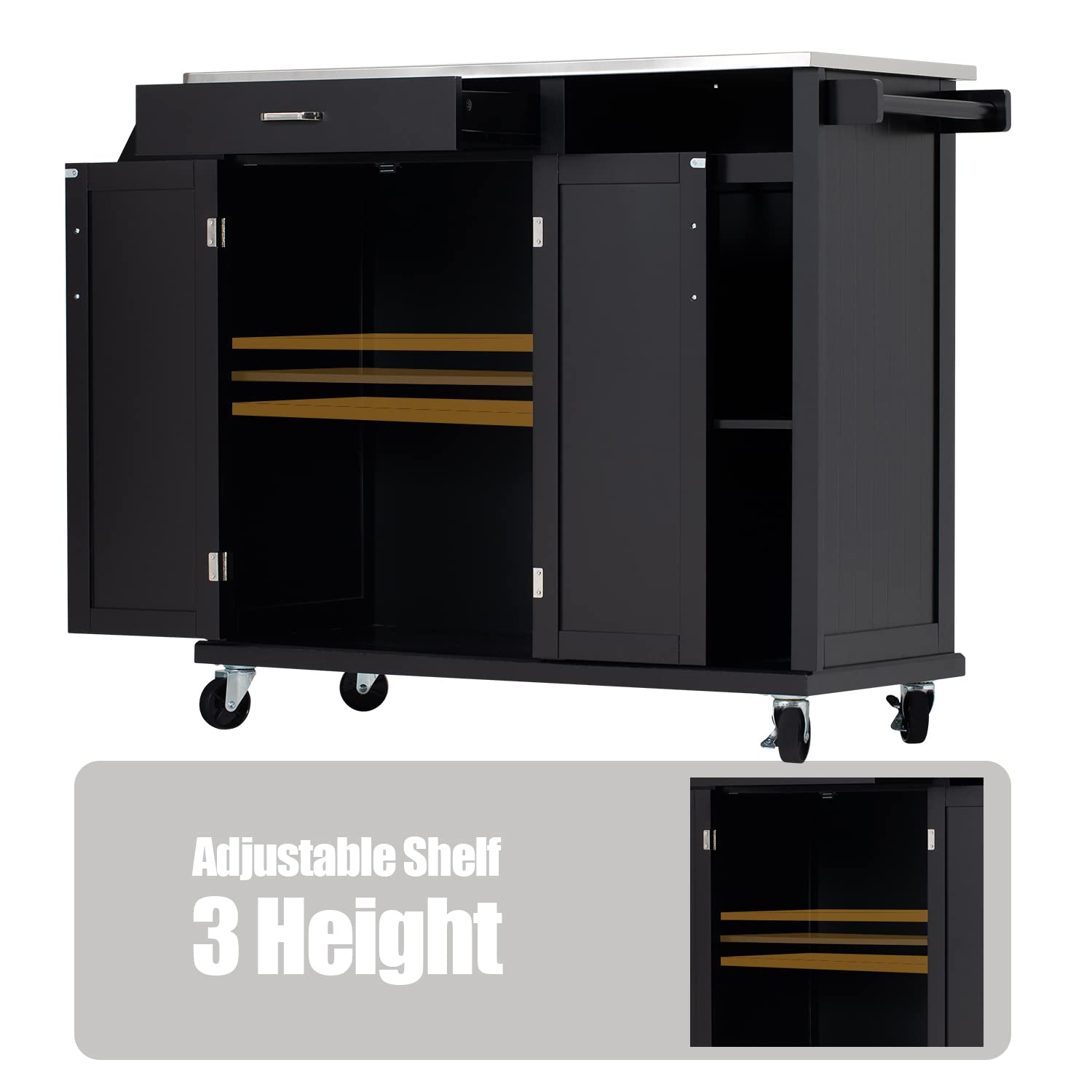 Kitchen Cart with Stainless Steel Top and Wine Rack, Rolling Kitchen Island on Wheels with Drawer & Open Shelves & Spice Rack