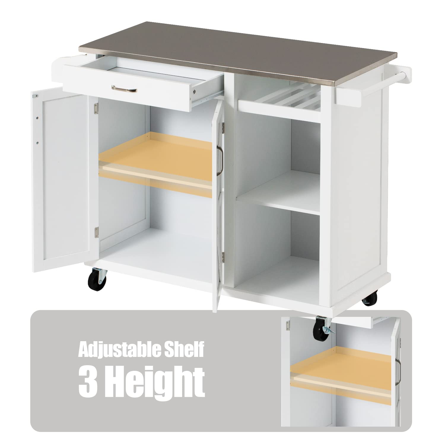 Kitchen Cart with Stainless Steel Top and Wine Rack, Rolling Kitchen Island on Wheels with Drawer & Open Shelves & Spice Rack