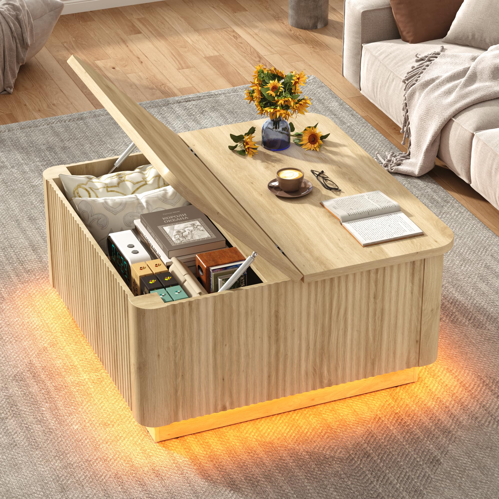 Blotout 35.4" Square Fluted Coffee Table with Lift Top and LED Lights, Wood Curved Design Center Table for Living Room, Modern Multi-Function Coffee Table with Large Hidden Space for Home,Office