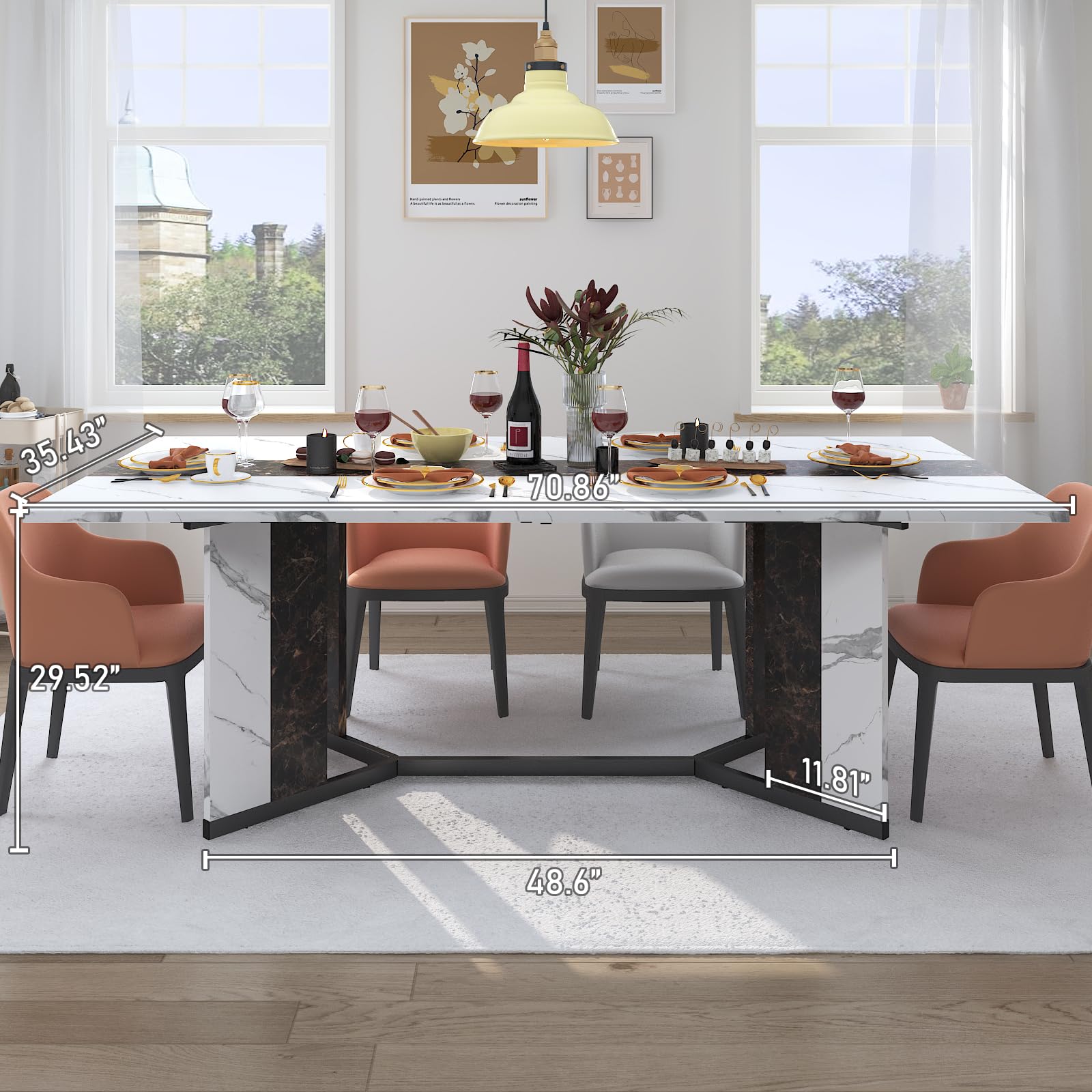 71" Large Dining Table for 6-10 People, Modern Luxurious Marble Family Rectangular Dinner Table