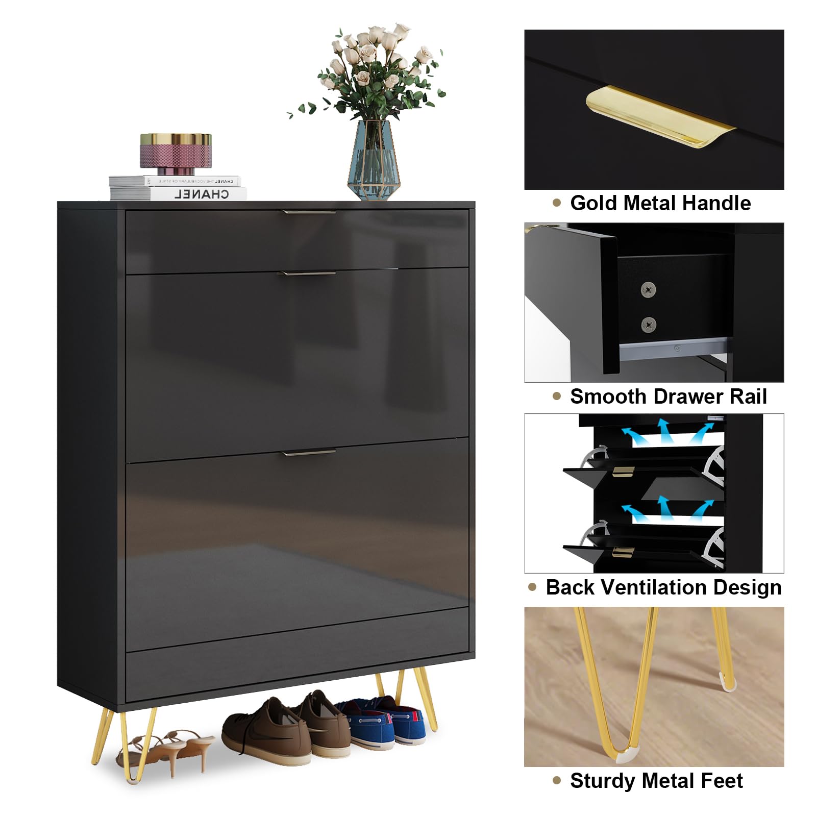 Wood Shoe Cabinet Shoe Rack with Flip Doors, High Gloss Slim 24 Pairs Shoes Storage Rack