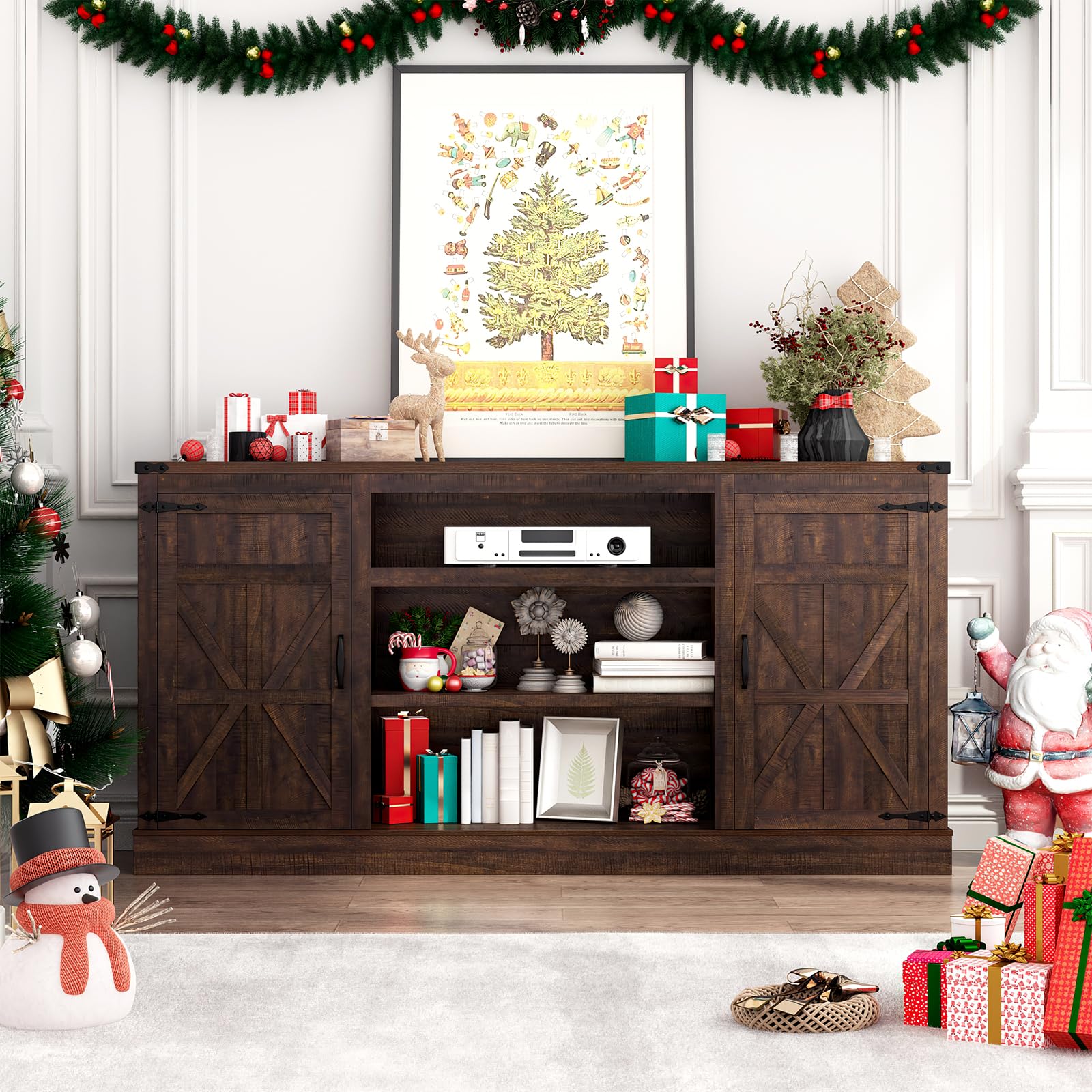 66'' Large Bar Cabinet, Farmhouse Coffee Bar Cabinet with Power Outlet with Adjustable Shelf, Kitchen Buffet Sideboard