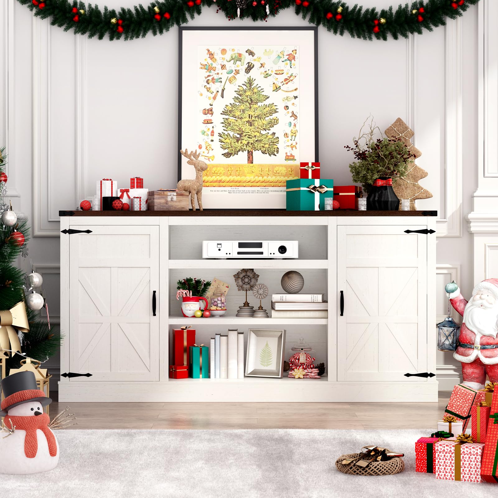 66'' Large Bar Cabinet, Farmhouse Coffee Bar Cabinet with Power Outlet with Adjustable Shelf, Kitchen Buffet Sideboard