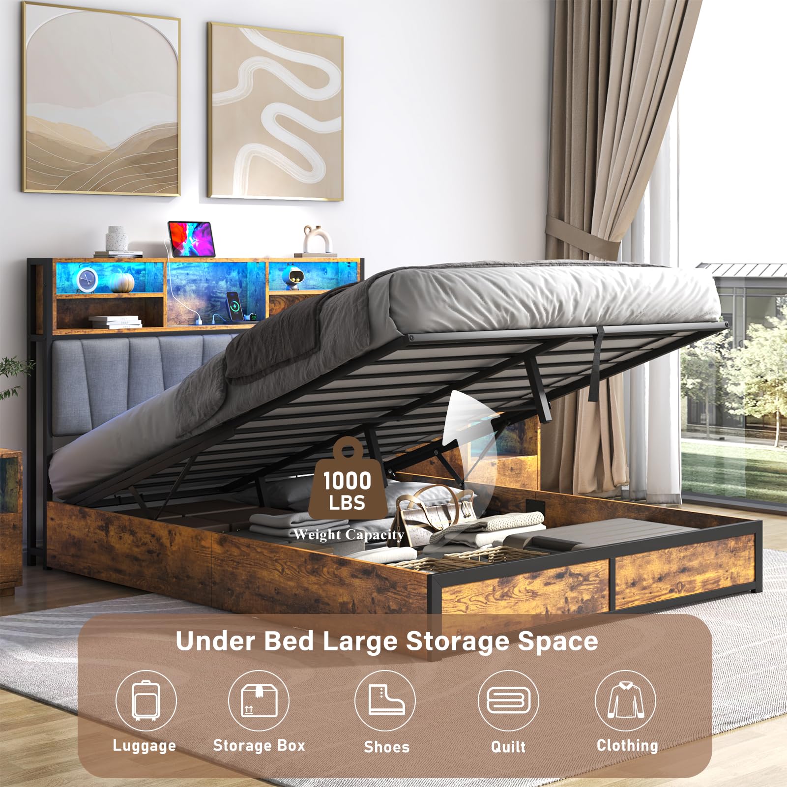 Queen LED Bed Frame with Lift Up Storage & Power Outlets - Metal Platform Bed with Upholstered Headboard, Storage Bed with 3-Tier Storage Headboard